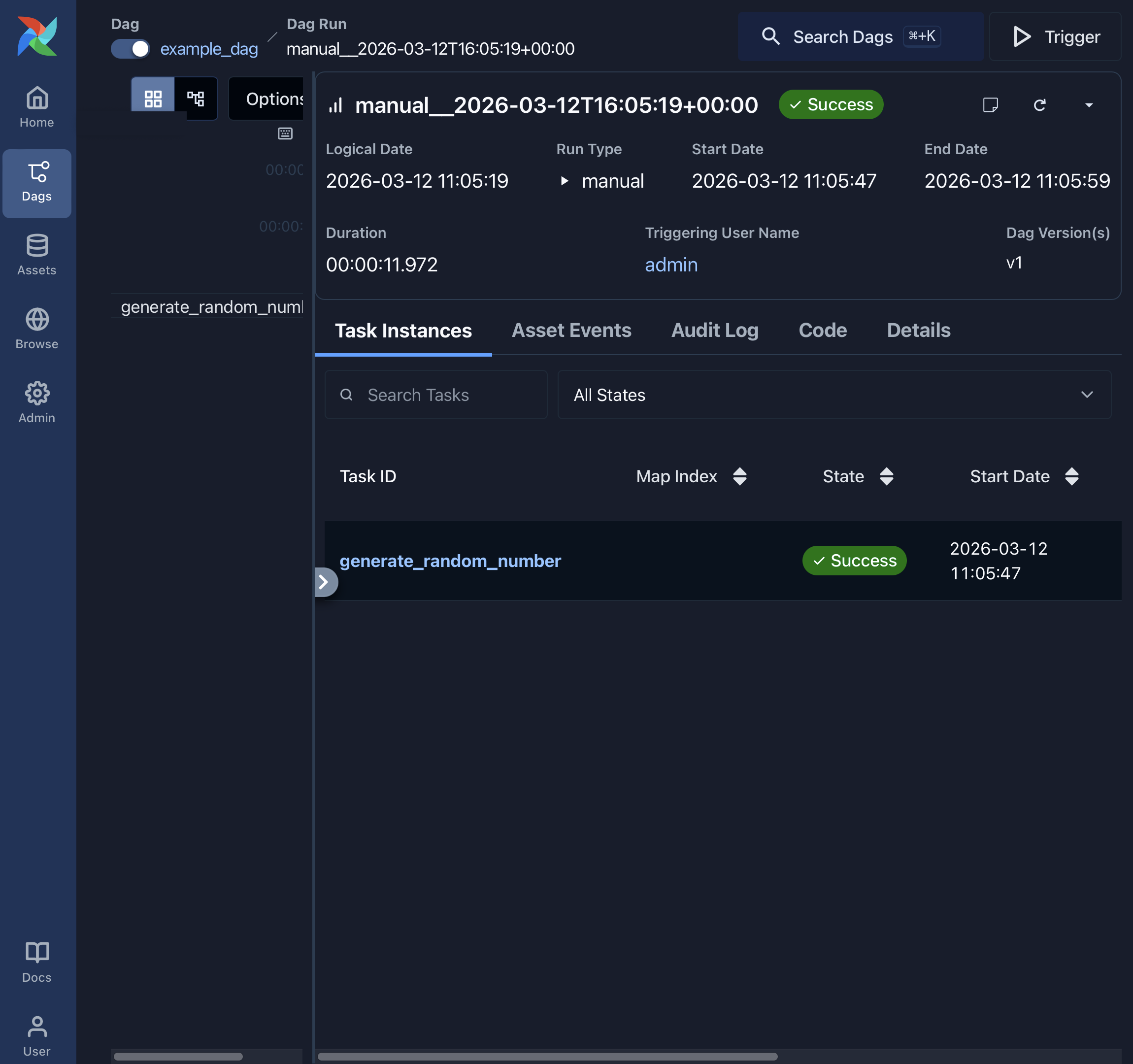 Airflow Dag run tasks view listing individual task details such as generate_random_number