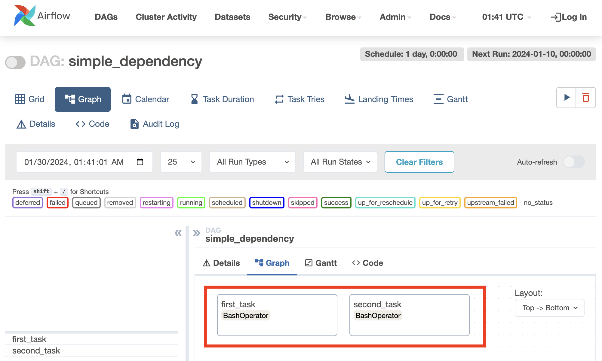 simple_dependency DAG view, tasks markup