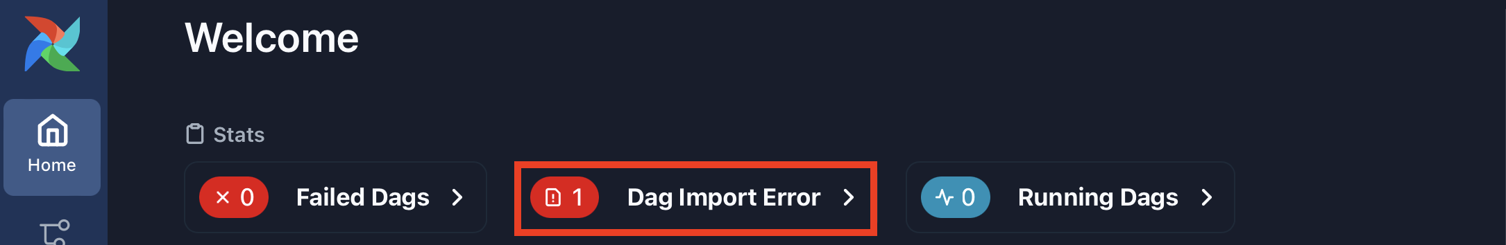 Airflow welcome page showing a Dag import error alert