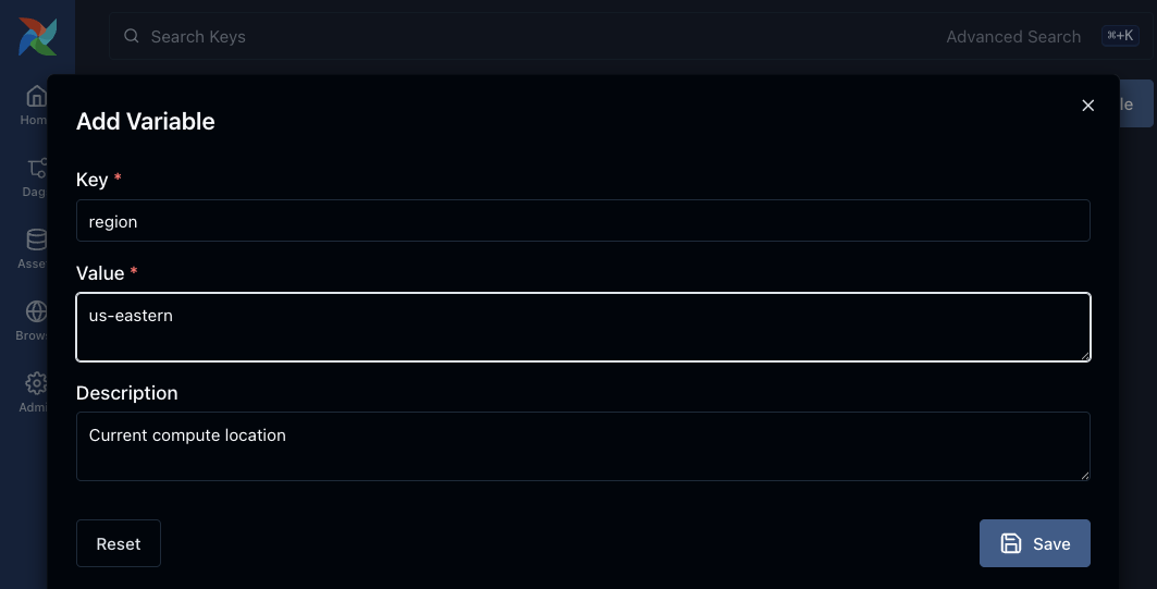 Airflow variable editor form with key, value, and description fields