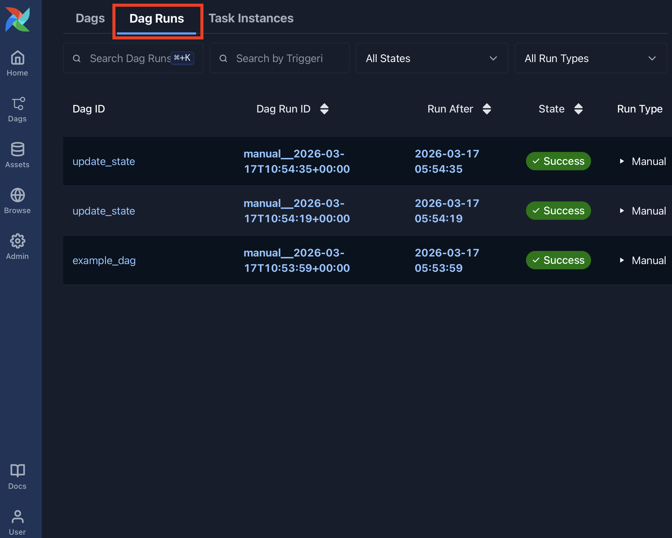 Airflow Dag Runs page listing recent runs across all Dags