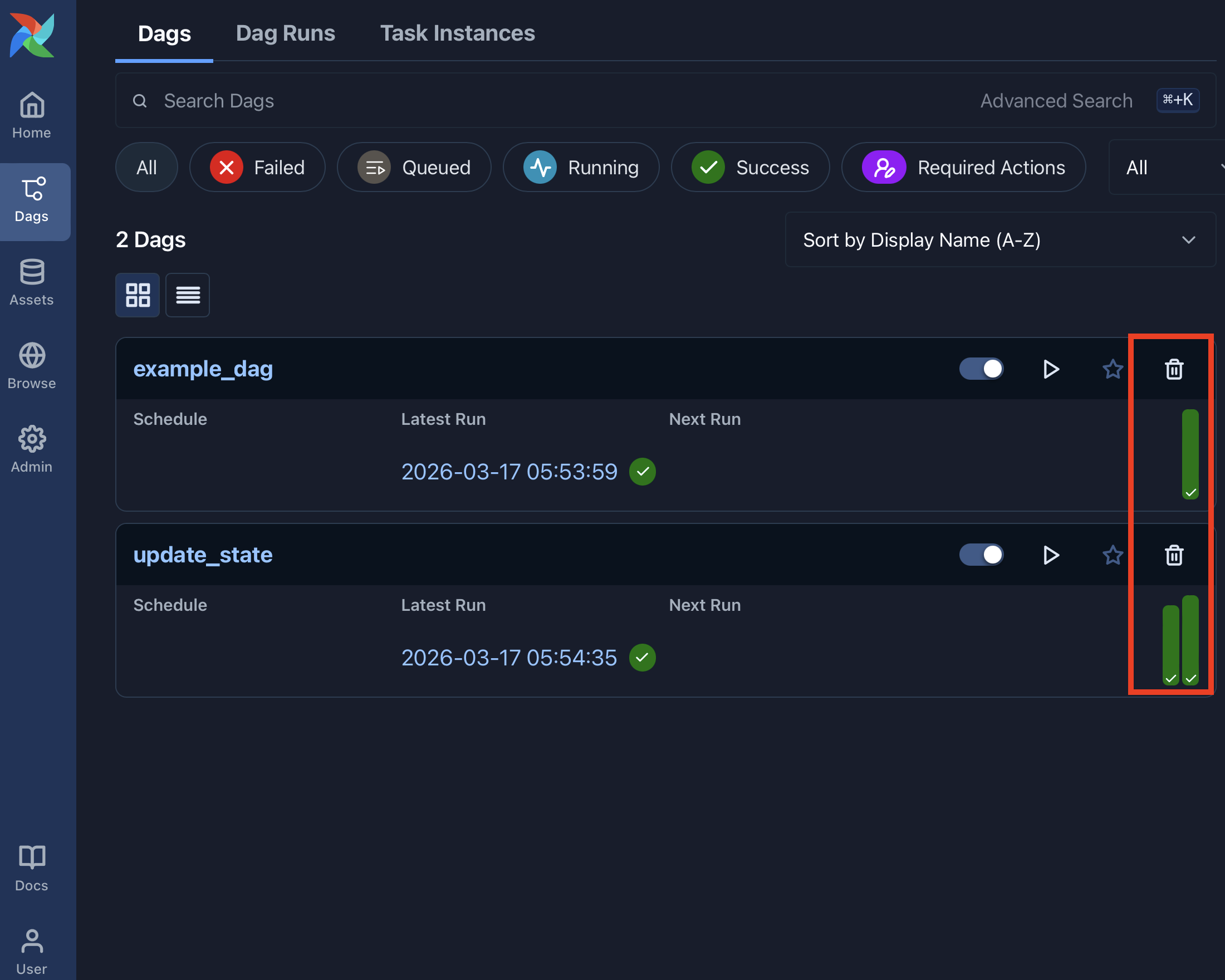 Airflow Dags view with the Recent Runs column highlighted