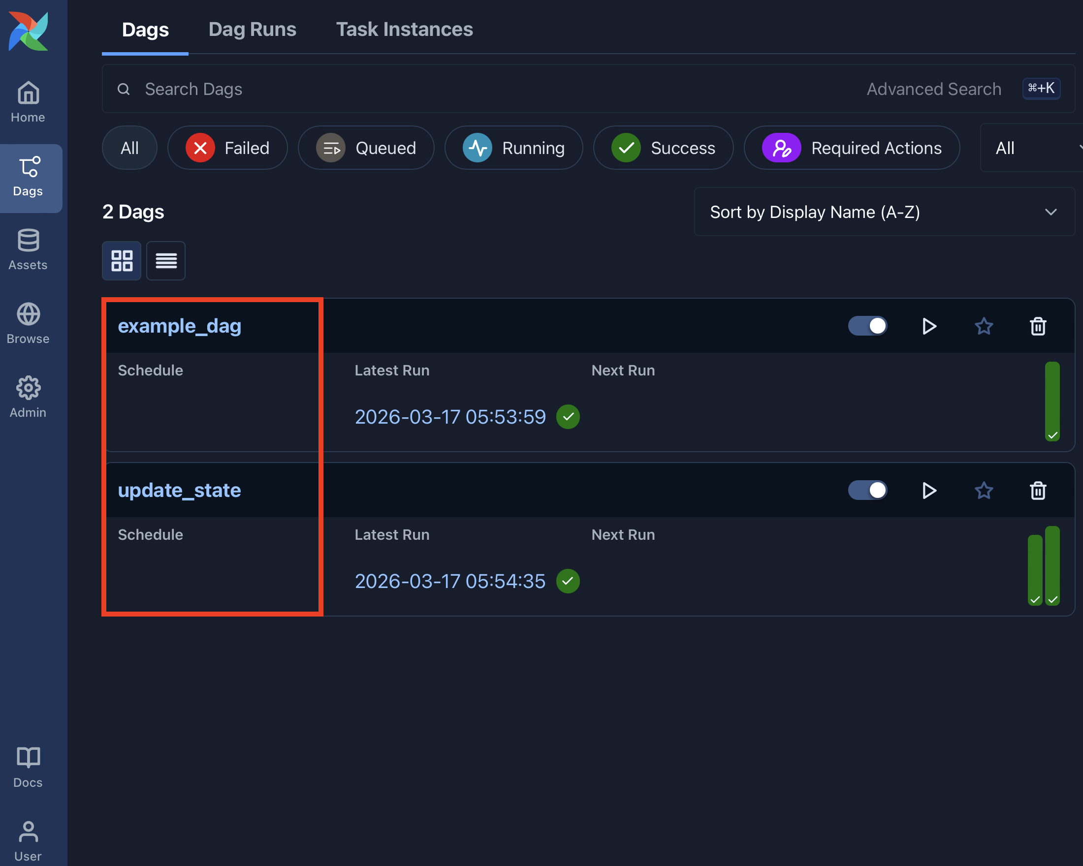 Airflow Dags view with the Dag name column highlighted