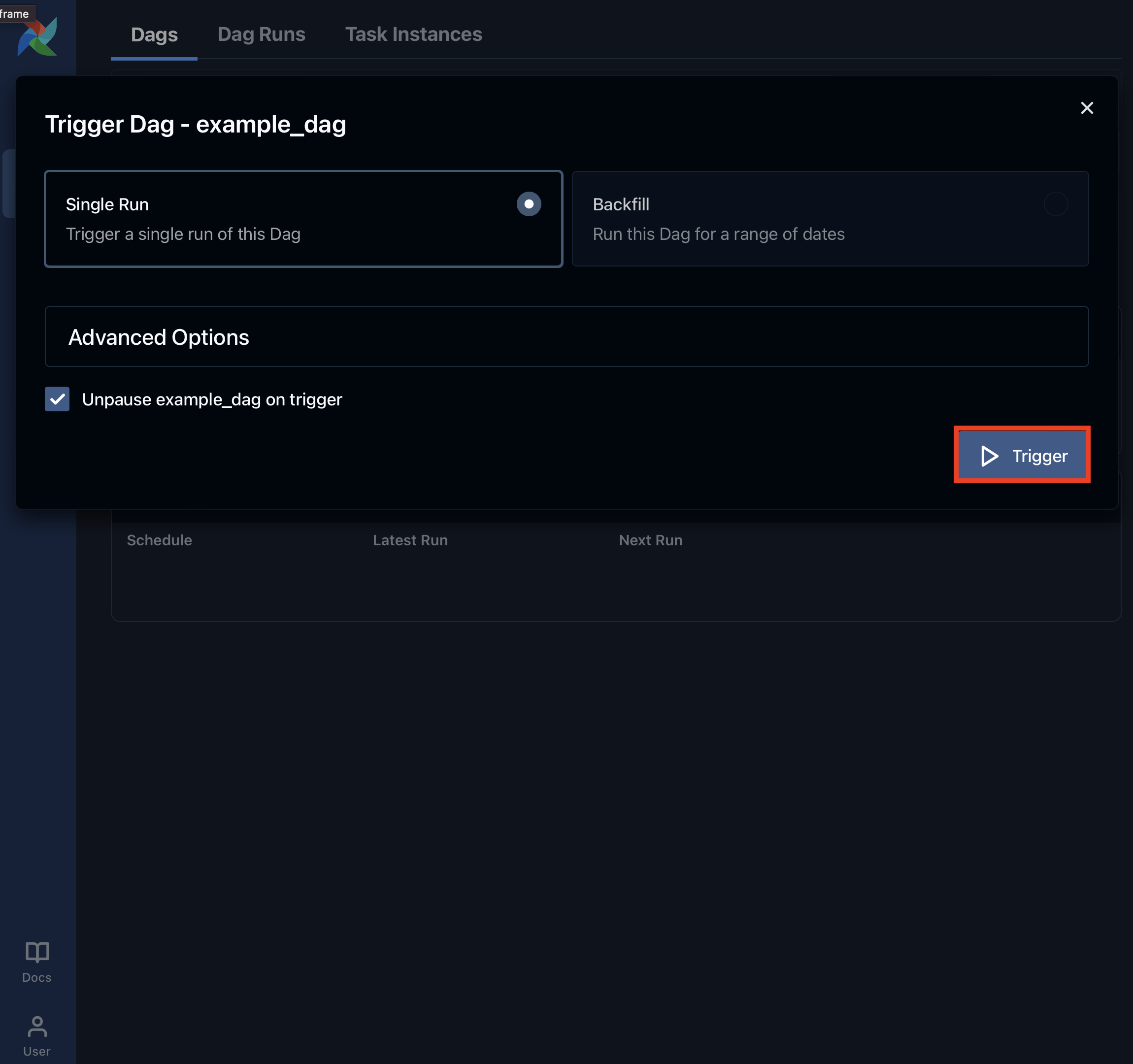 Airflow trigger Dag popup with default run options and a Trigger button