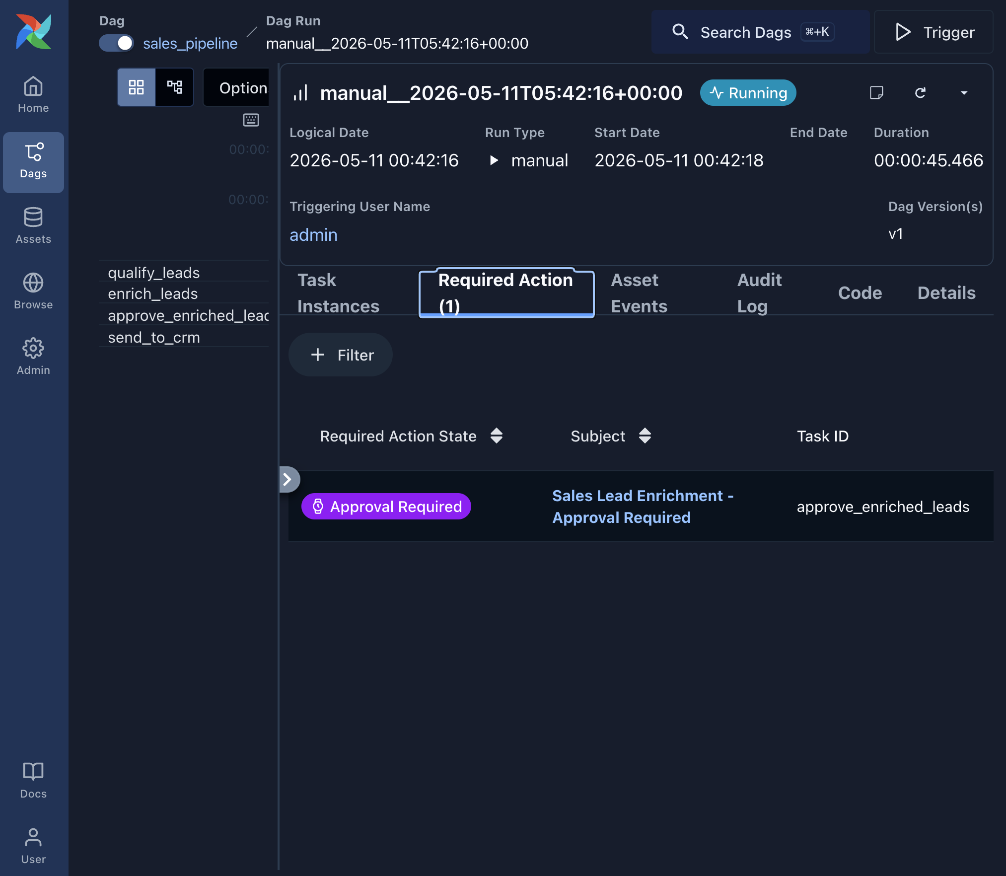 Airflow Dag run view showing a task with Approval required status