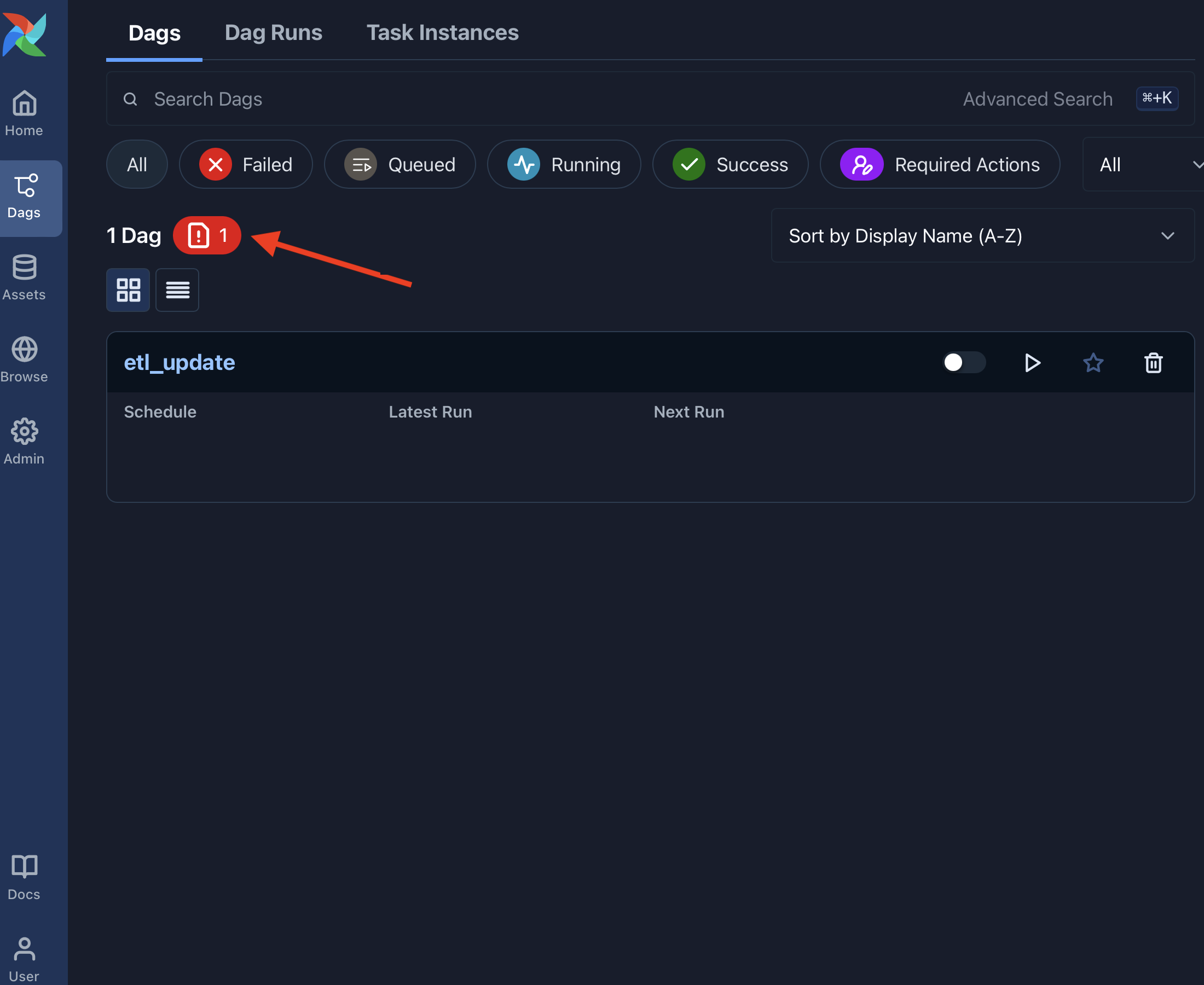 Airflow Dags view showing the import error notification button