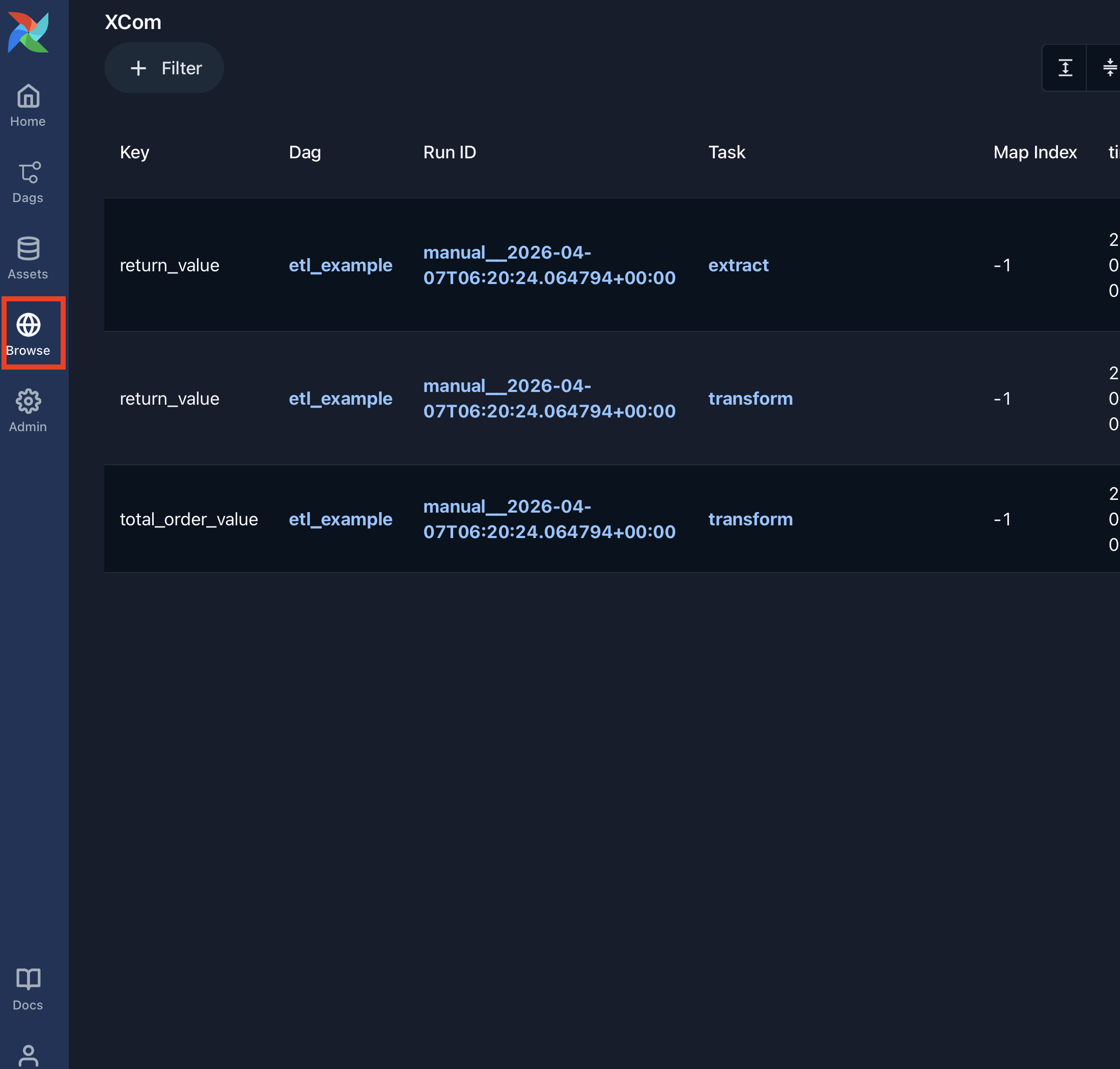 Airflow XCom page listing stored values by key, Dag, and task