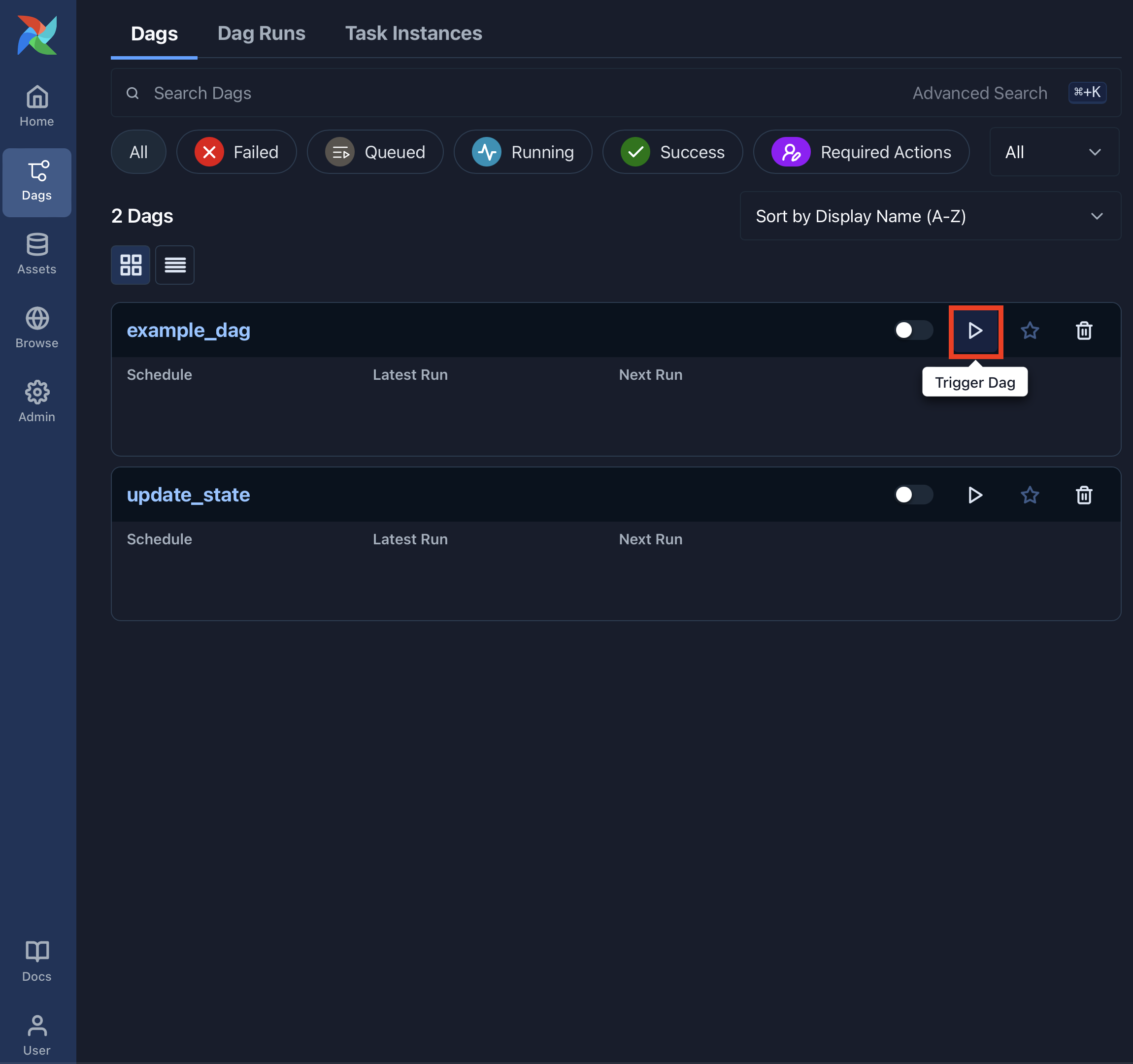 Airflow Dags view with the trigger play button highlighted