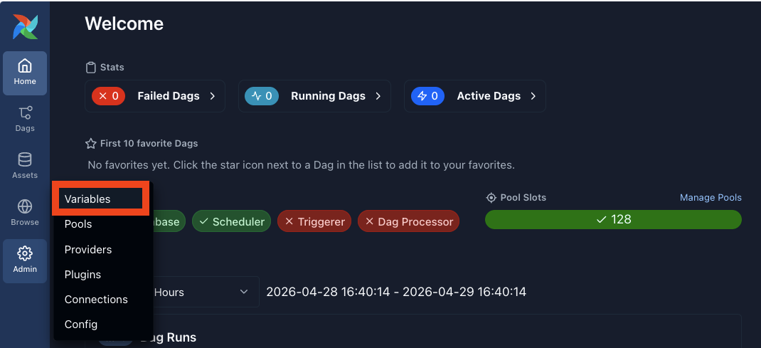 Airflow UI with the Admin menu open showing the Variables option