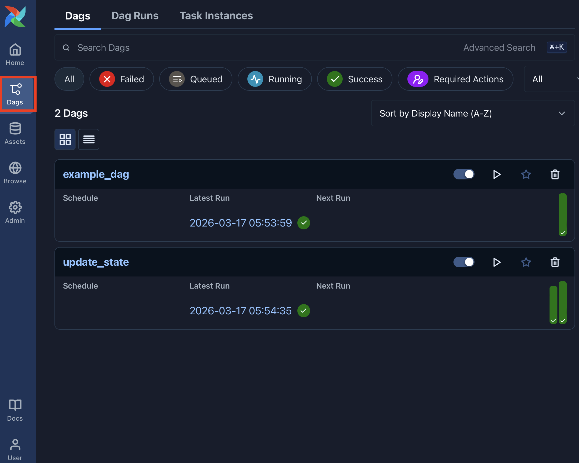 Airflow Dags view page listing all available Dags