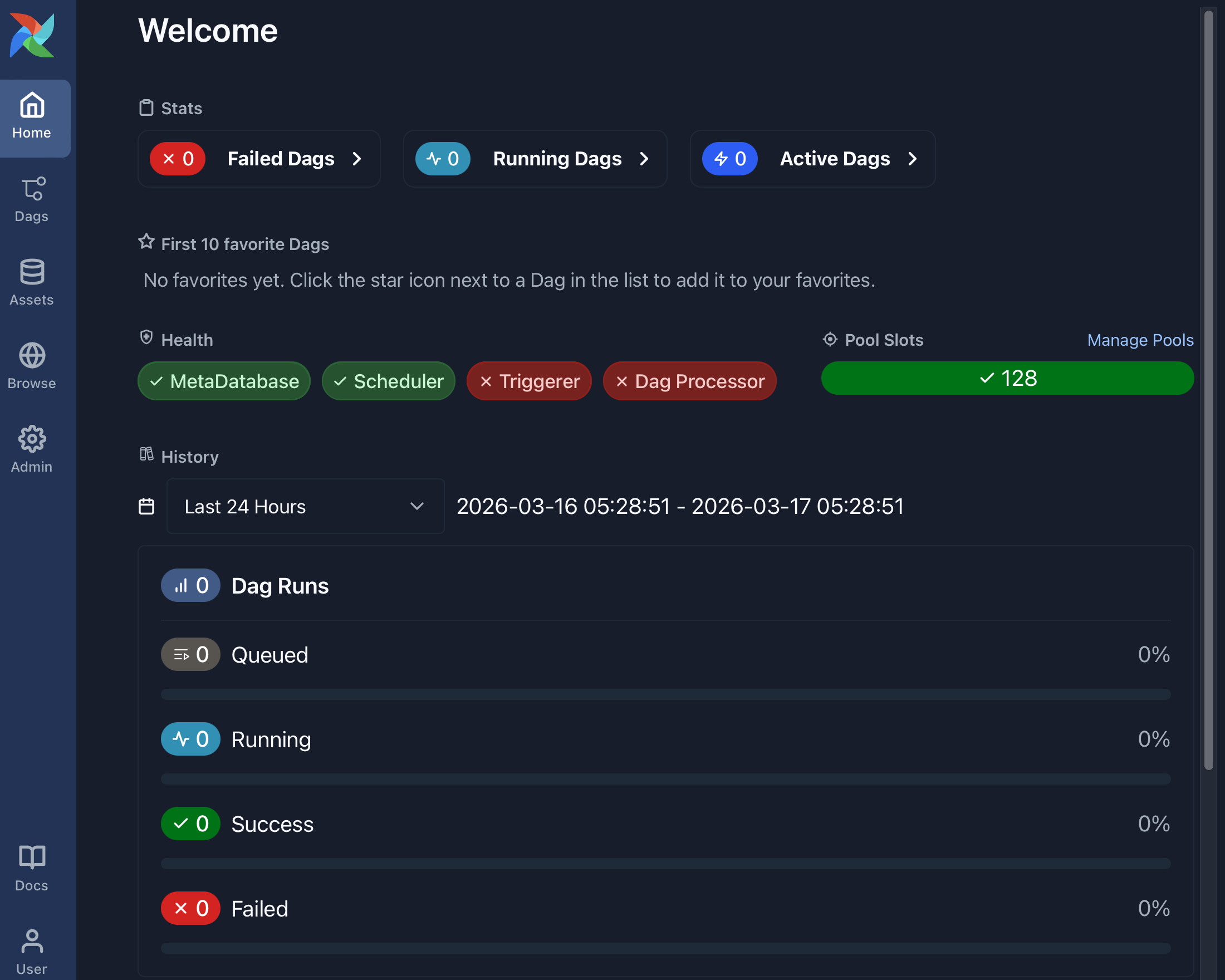 Airflow web UI home dashboard with the left-hand navigation menu