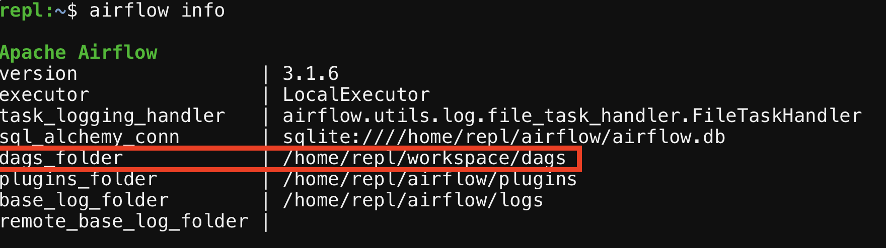 Terminal output of airflow info highlighting the dags_folder path