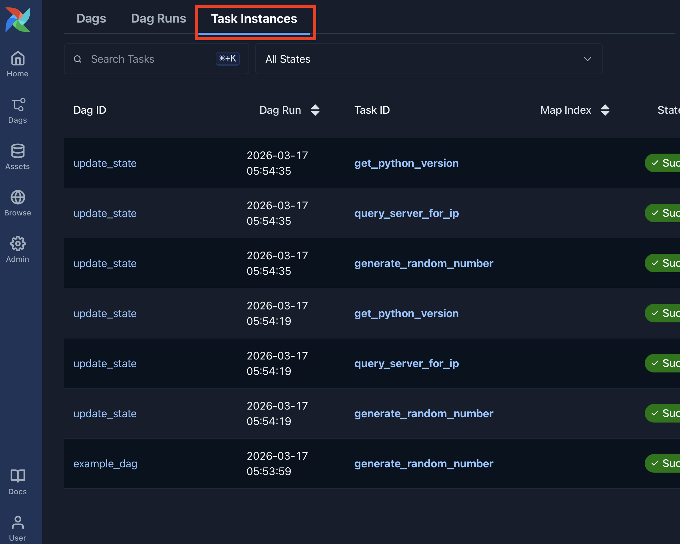 Airflow Task Instances page listing task runs across all Dags