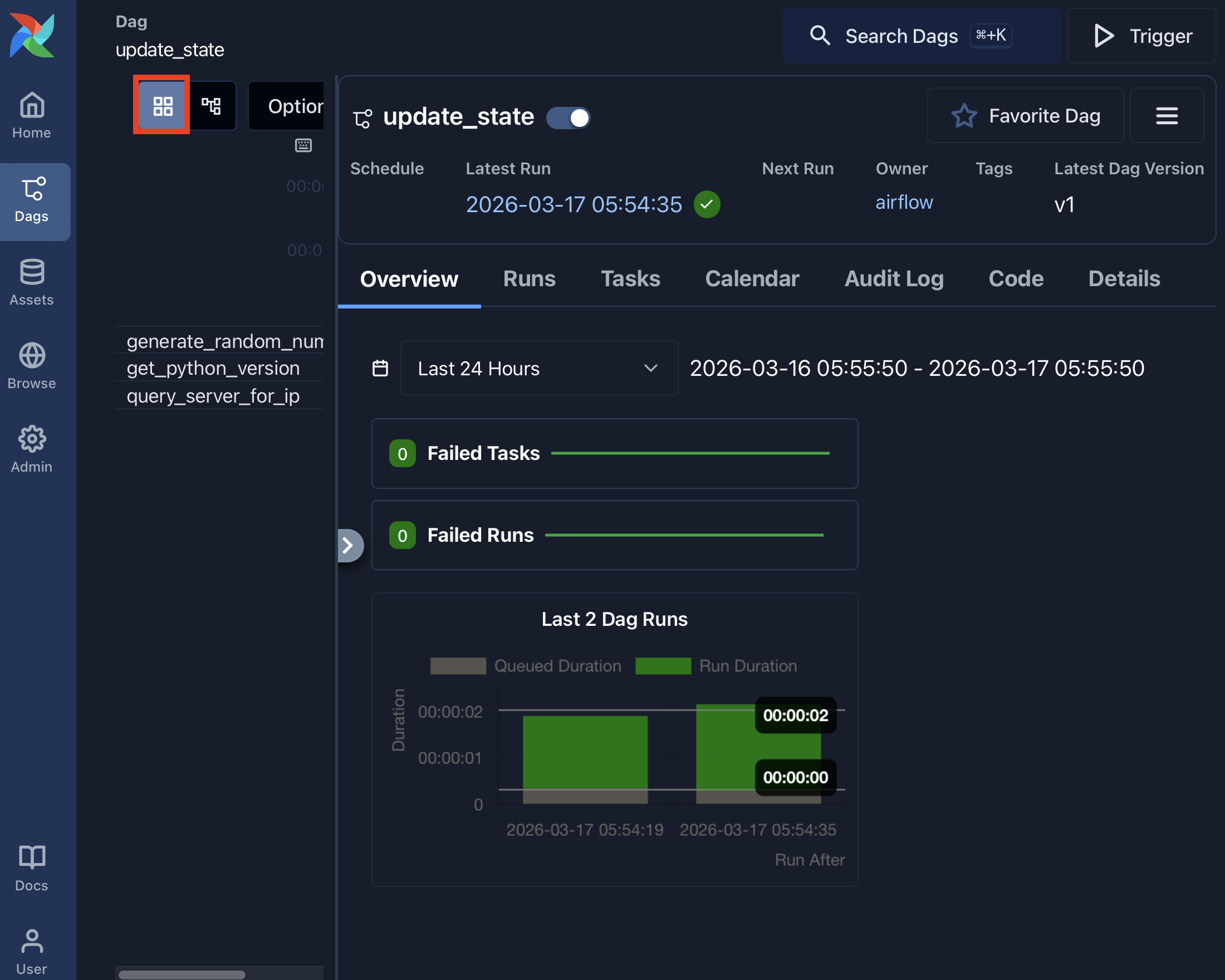 Airflow Dag detail grid view for the update_state Dag with Grid, Graph, and Code tabs