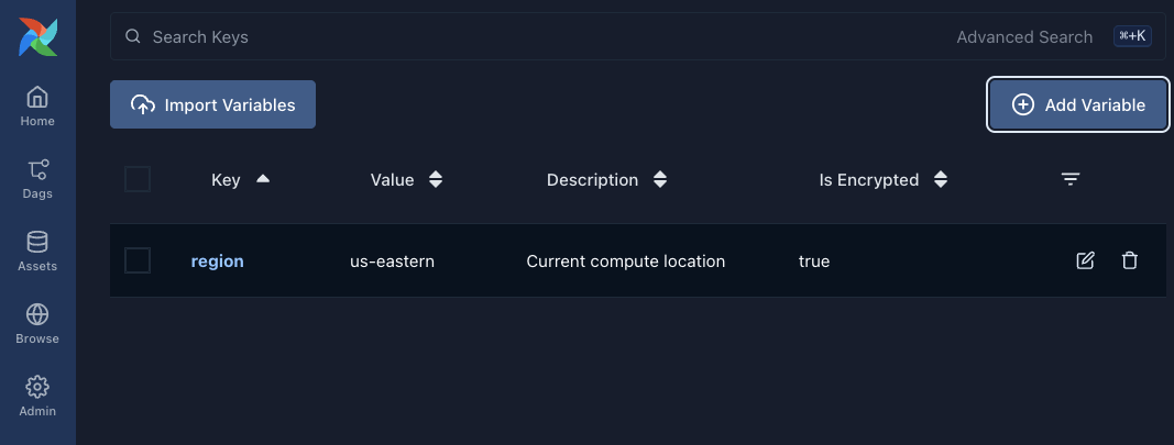 Airflow Variables page showing one defined variable in the list