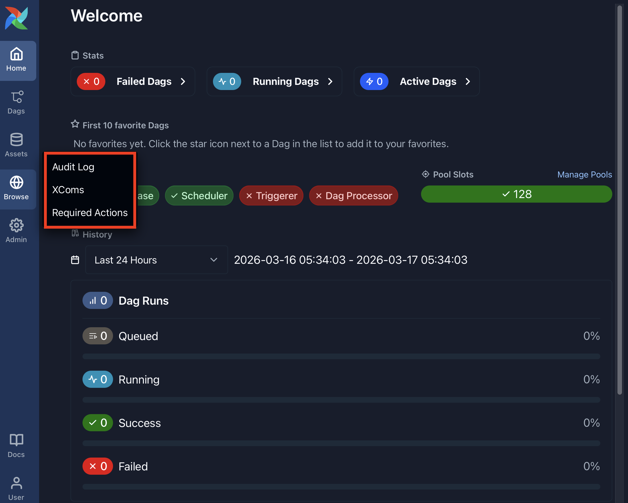 Airflow UI with the Browse menu open showing the audit log option