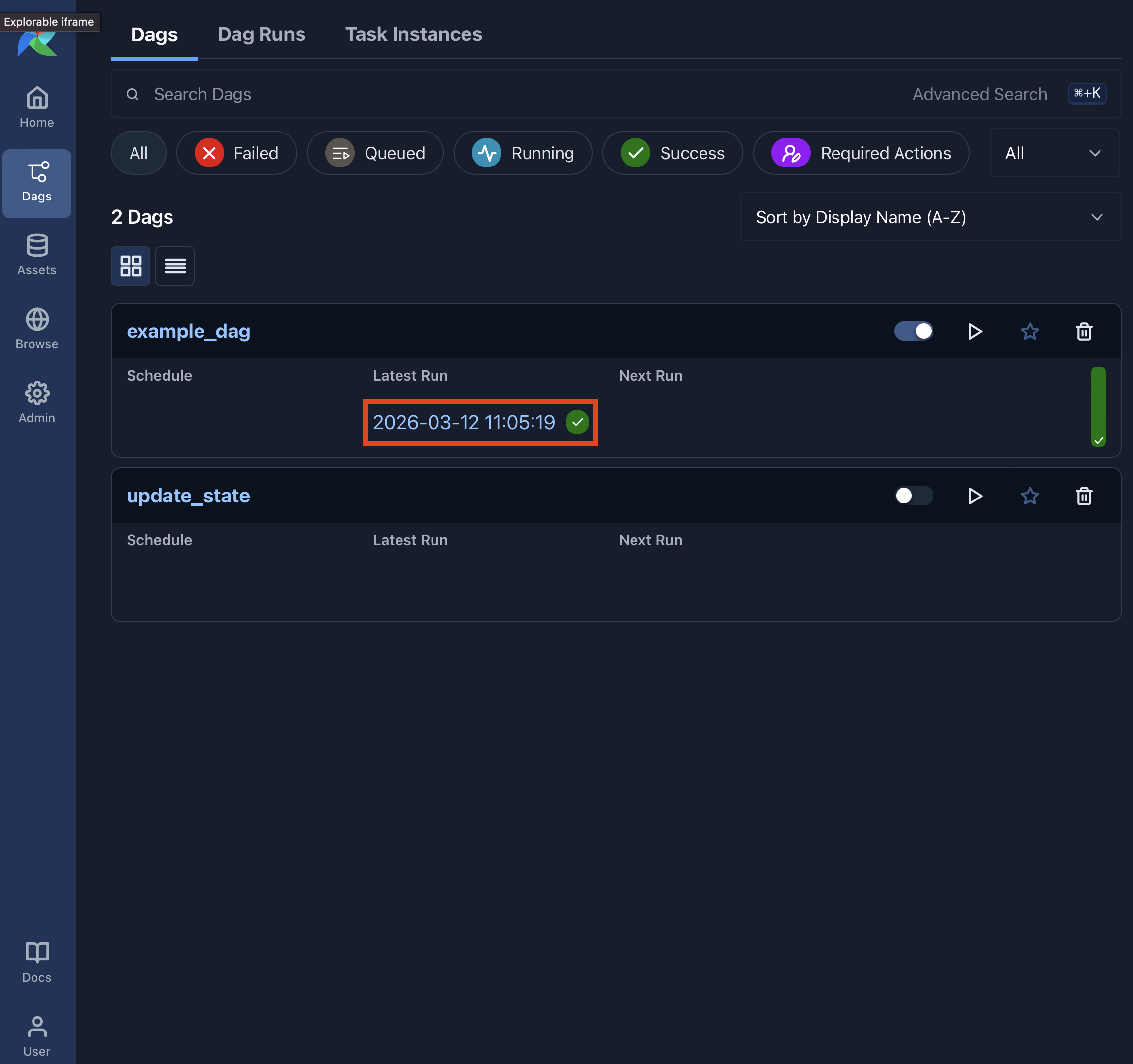 Airflow Dags view showing a successful latest run marked with a green checkmark