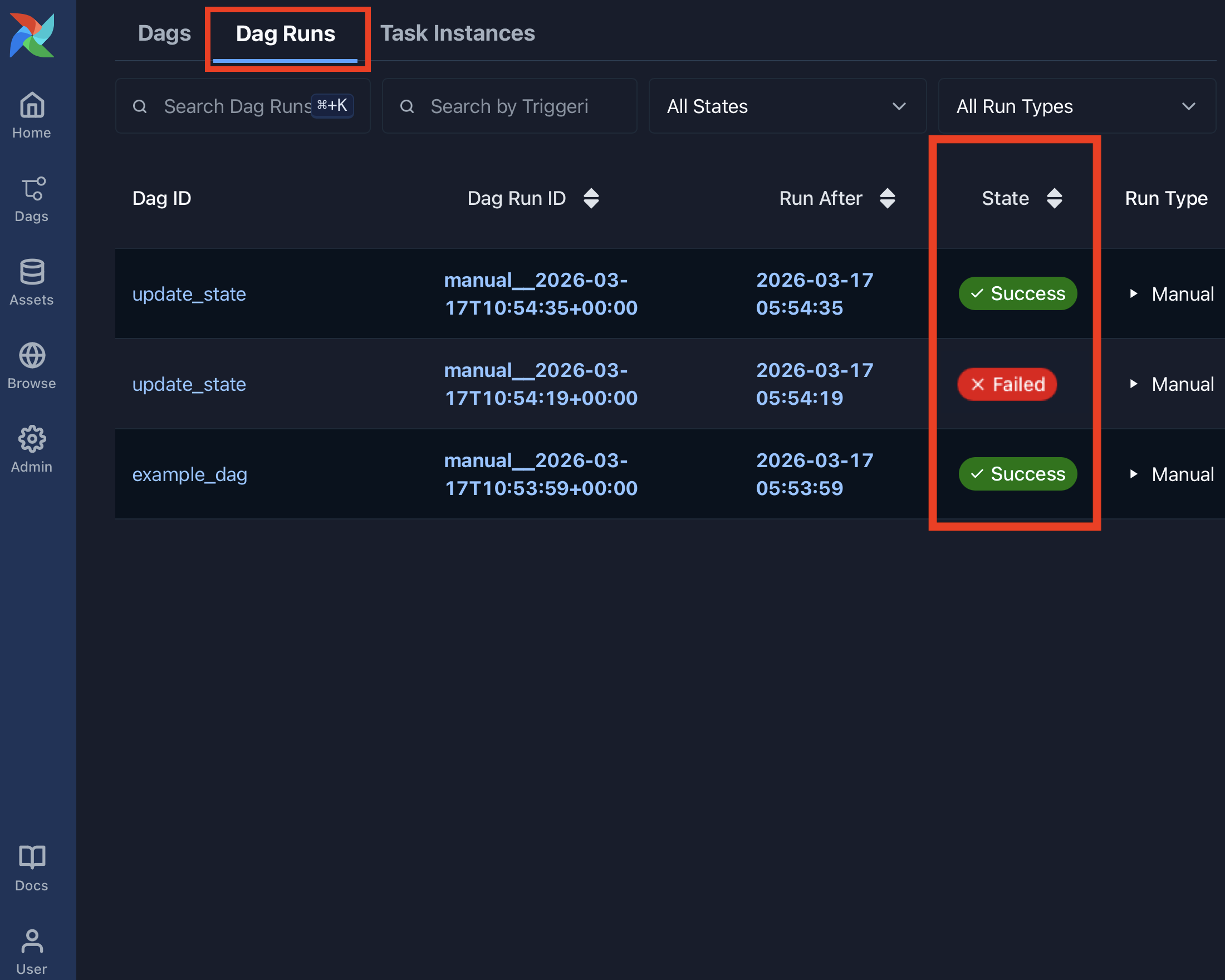 Airflow Dag Runs page showing the state column for each run