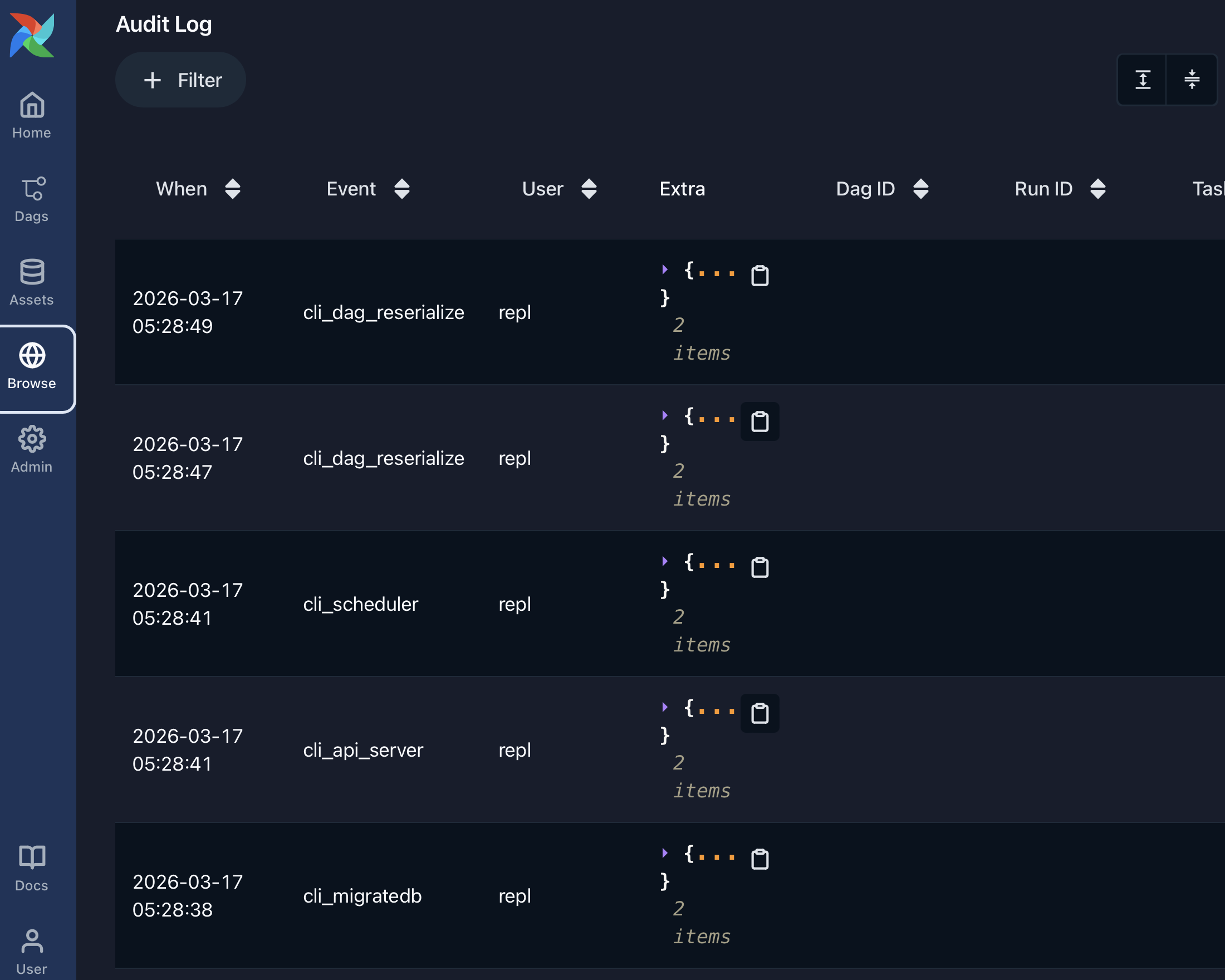 Airflow audit log page listing system events by type