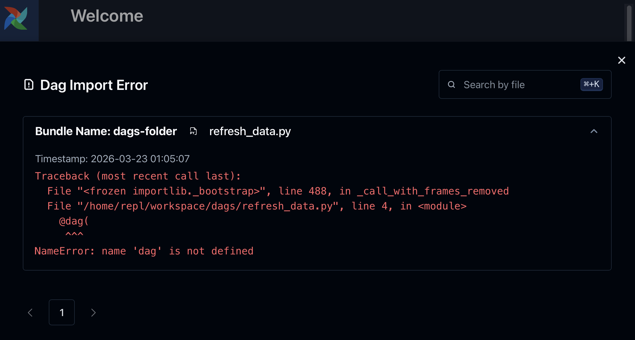 Airflow import error detail showing the Dag traceback message