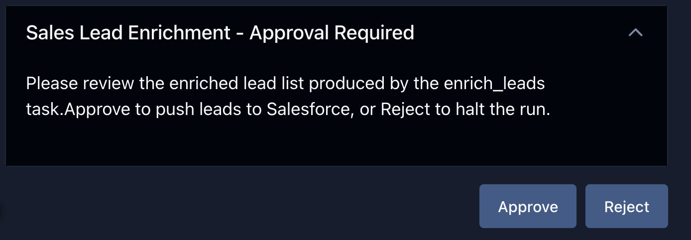 Airflow UI approval message with Approve and Reject options