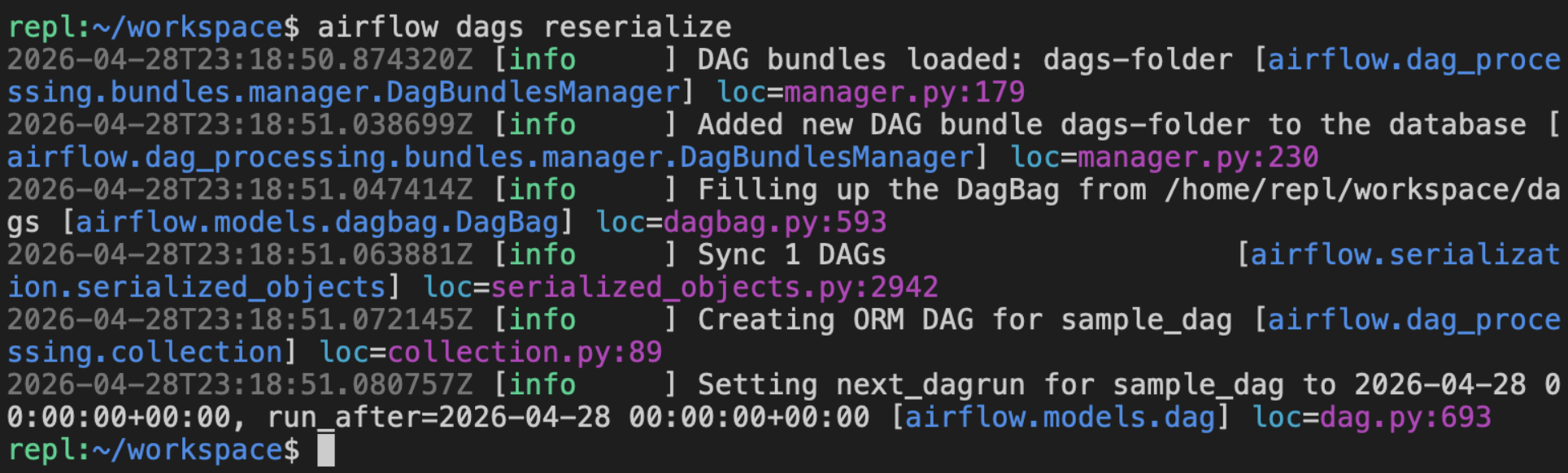 Terminal running airflow dags reserialize to force a Dag refresh