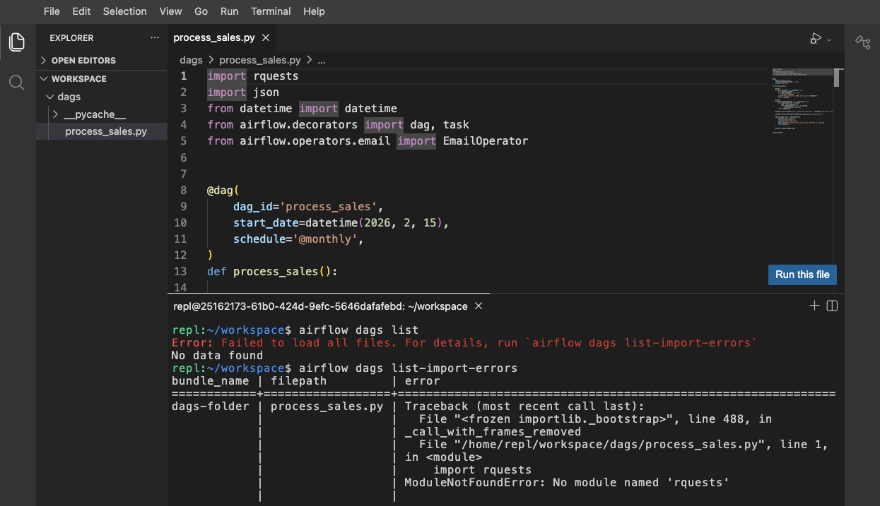 Terminal output of airflow dags list-import-errors showing an error