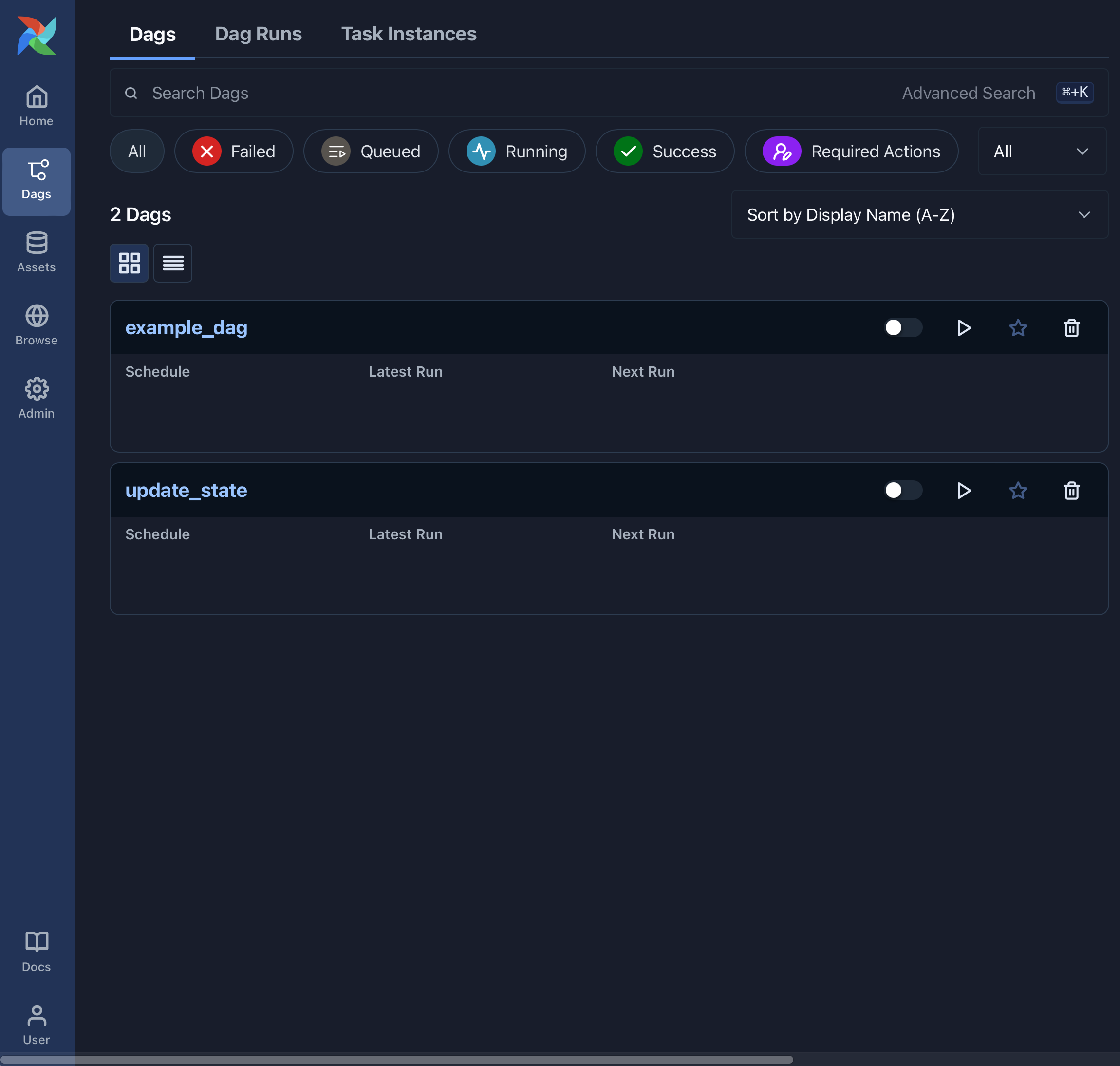 Airflow Dags view showing two loaded Dags with interaction options