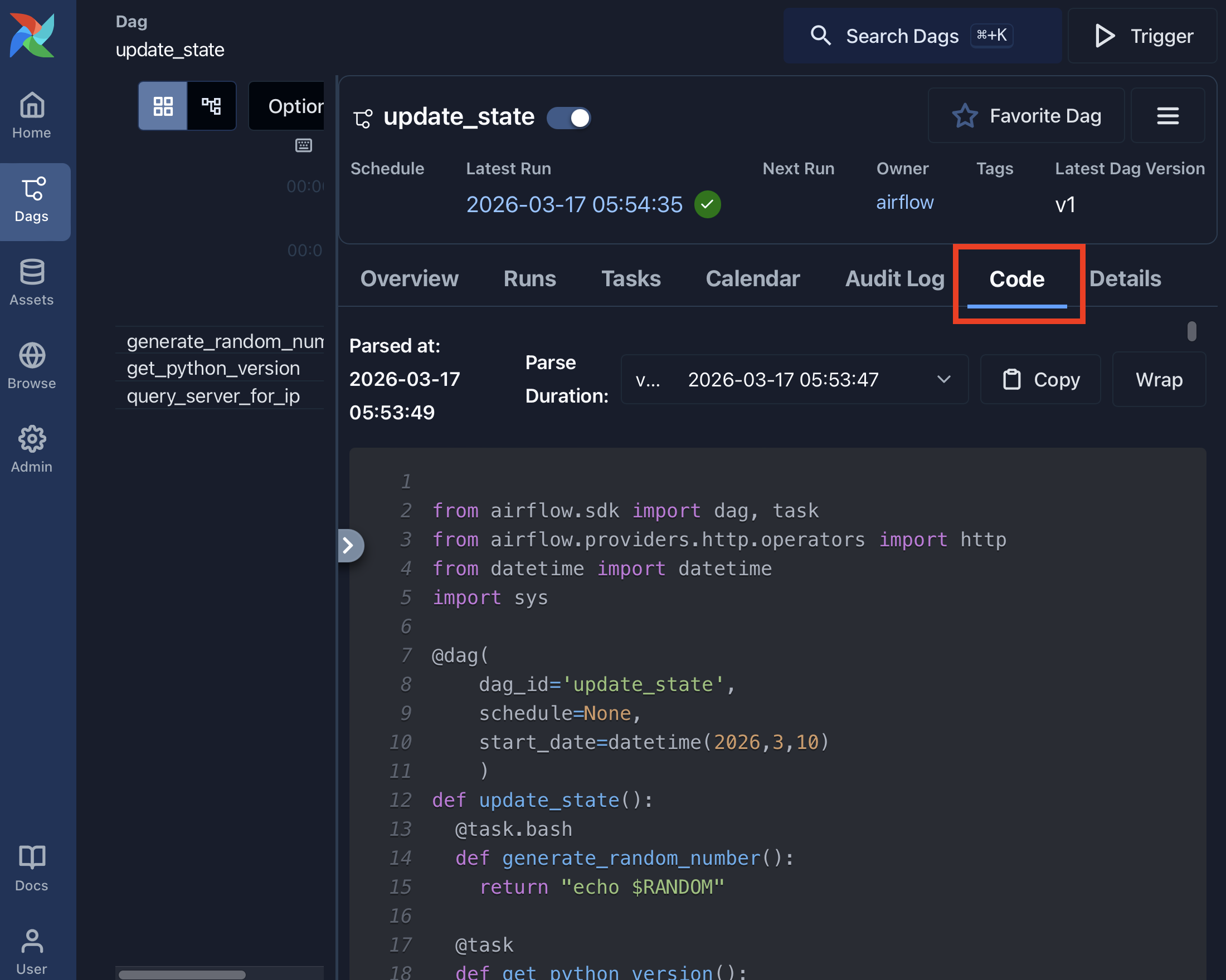 Airflow Dag code view showing the read-only Python source that defines the Dag