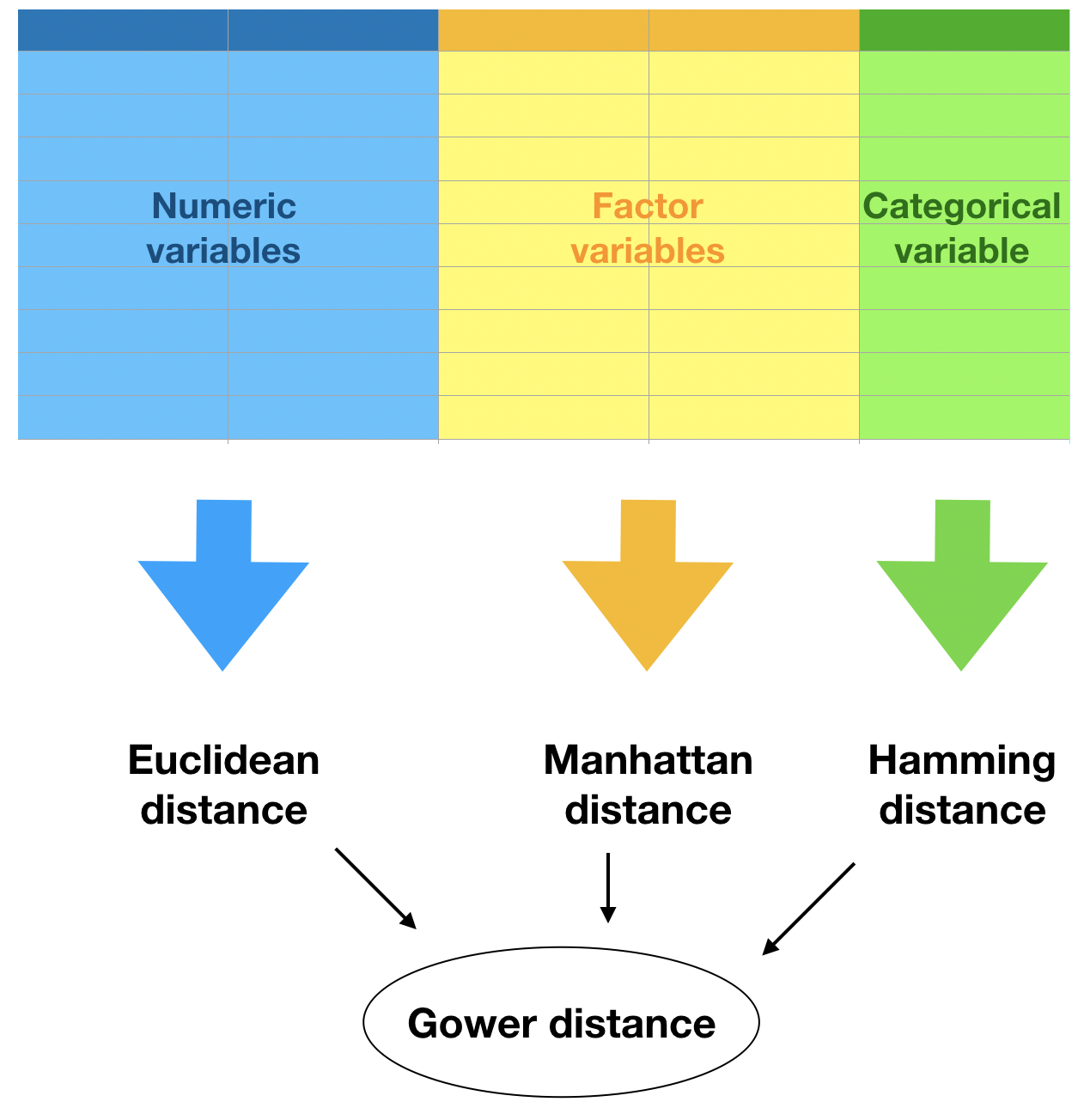 A mocked data frame with containing three types of variables, each highlighted with a different color: numeric, factor and categorical variables. Each variable type has an arrow assigned, which points the the corresponding distance measure: Euclidean, Manhattan and Hamming distance, respectively. The three distance measures point an ellipse with the Gower distance, which is the combination of the three.
