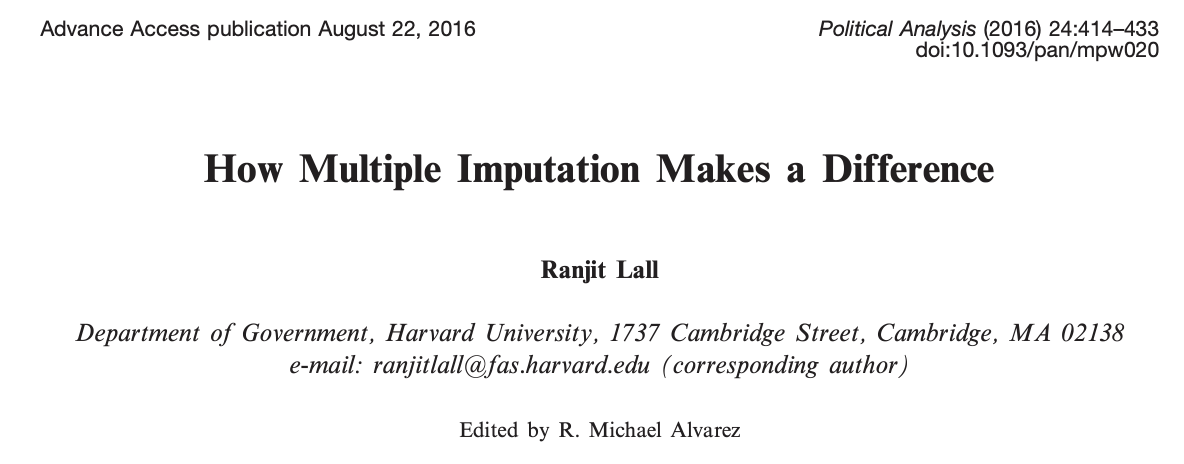 The header of the title page of the paper by Ranjit Lall entitled "How Multiple Imputation Makes a Difference."