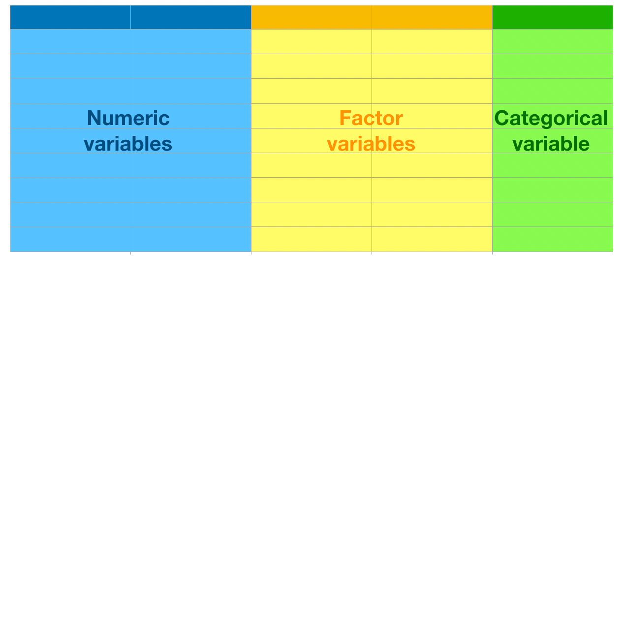 A mocked data frame with containing three types of variables, each highlighted with a different color: numeric, factor and categorical variables.