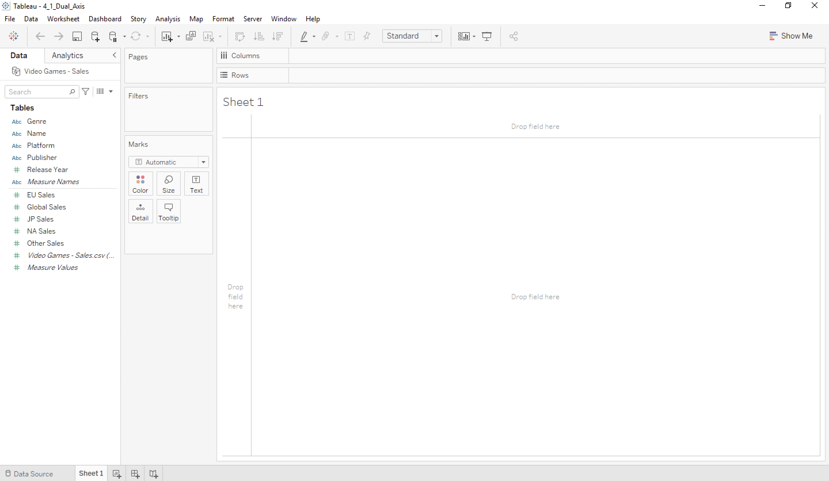 Screenshot of an empty Tableau workbook