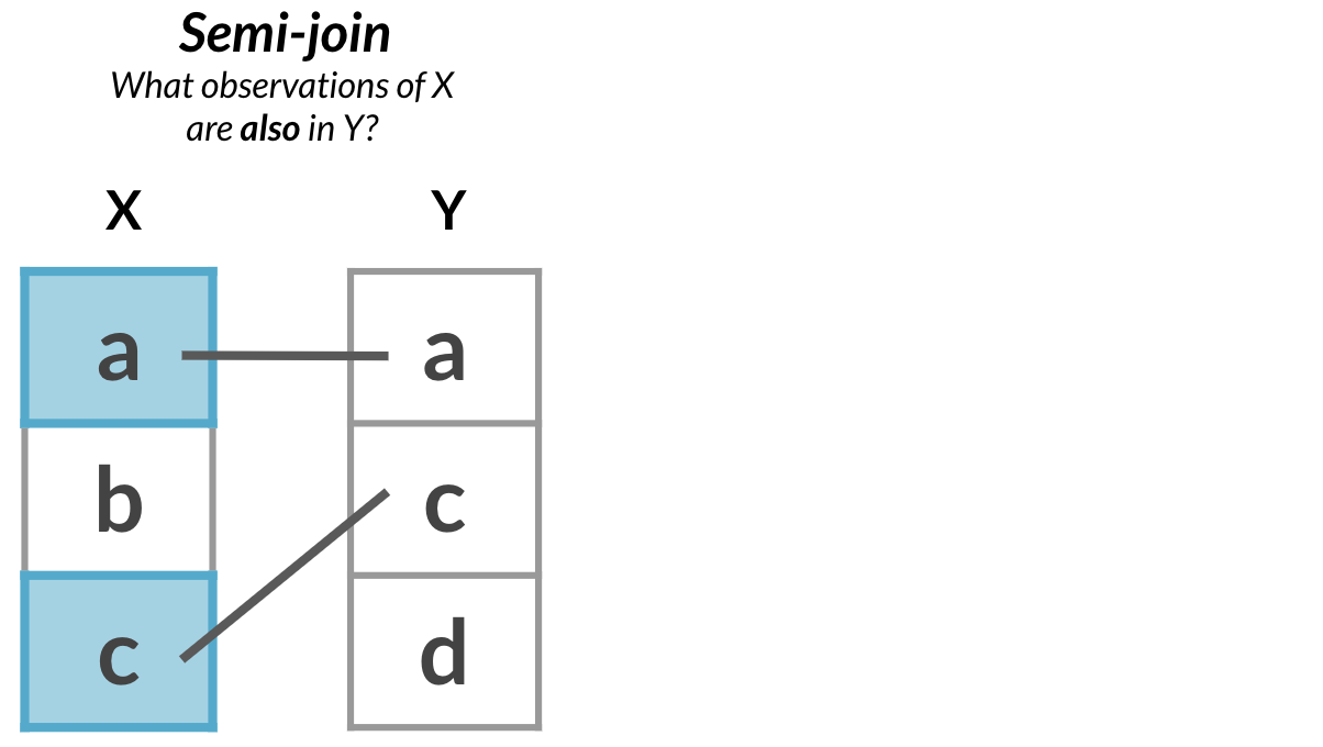 Title: Semi-join. Subtitle: What observations of X are also in Y? On the left, a one-column table named X with values a, b, and c. On the right, a one-column table named Y with values a, c, and d. The a's and c's in each table are connected by lines. In X, the cells for a and c are highlighted.