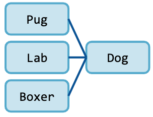 Three boxes containing pug, lab, and boxer. They are each connected by a line to a fourth box on the right that has Dog.