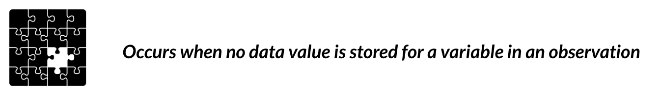 A completed puzzle with a missing piece. Description: Occurs when no data value is stored for a variable in an observation.