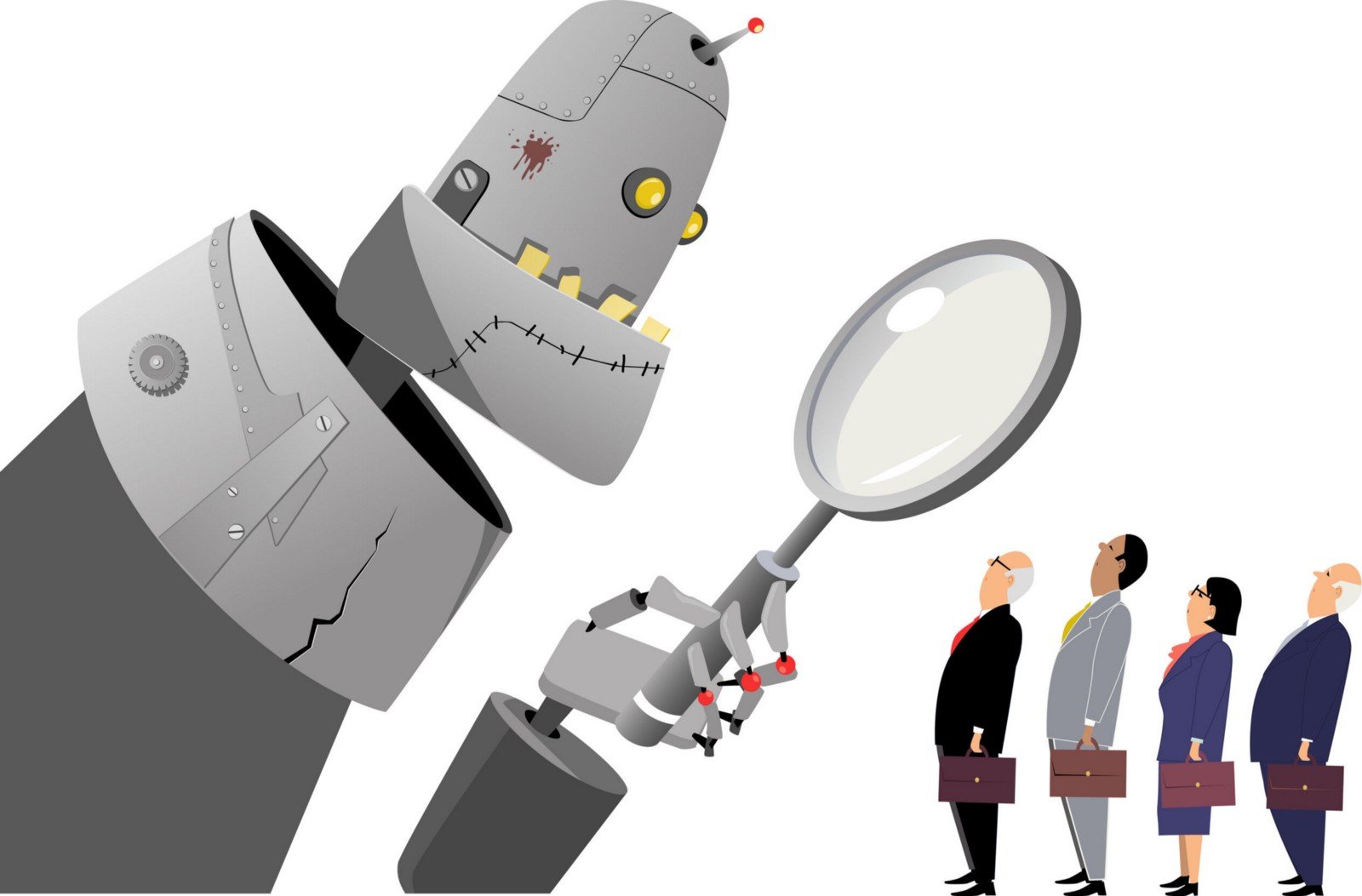 Robot looking at people with magnifying glass