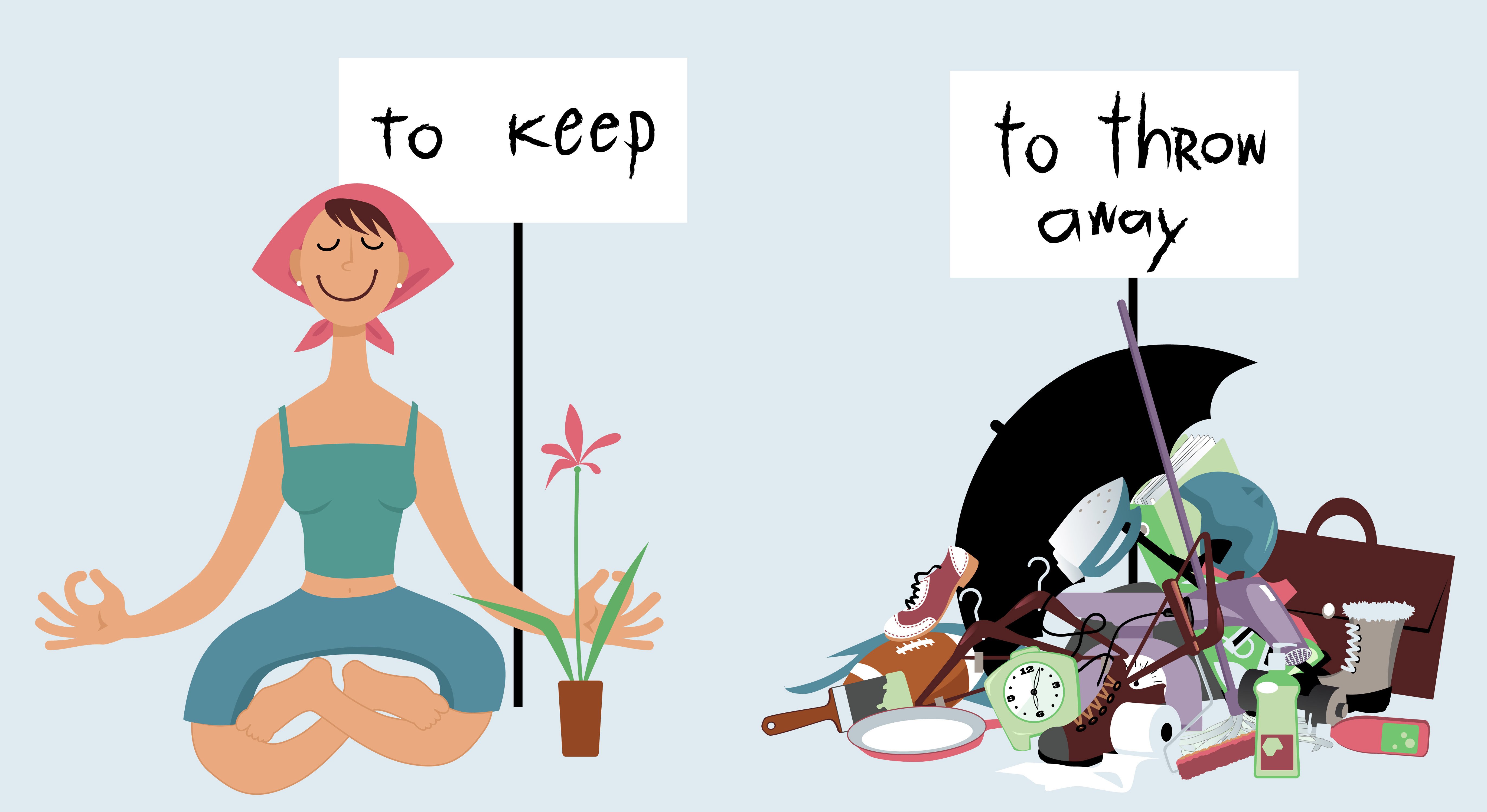 zen woman after sorting and throwing away