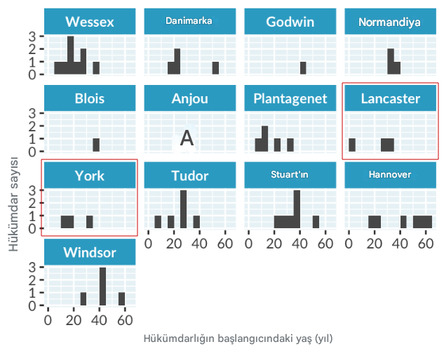 Her bir kraliyet hanedanı için ayrı panellerle birlikte İngiliz kral ve kraliçelerinin yönetime başlama yaşlarının histogramı.] Lancaster ve York haneleri vurgulanmıştır.