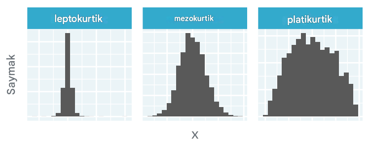 Leptokurtik, mezokurtik ve platikurtik dağılımları gösteren histogramlar.