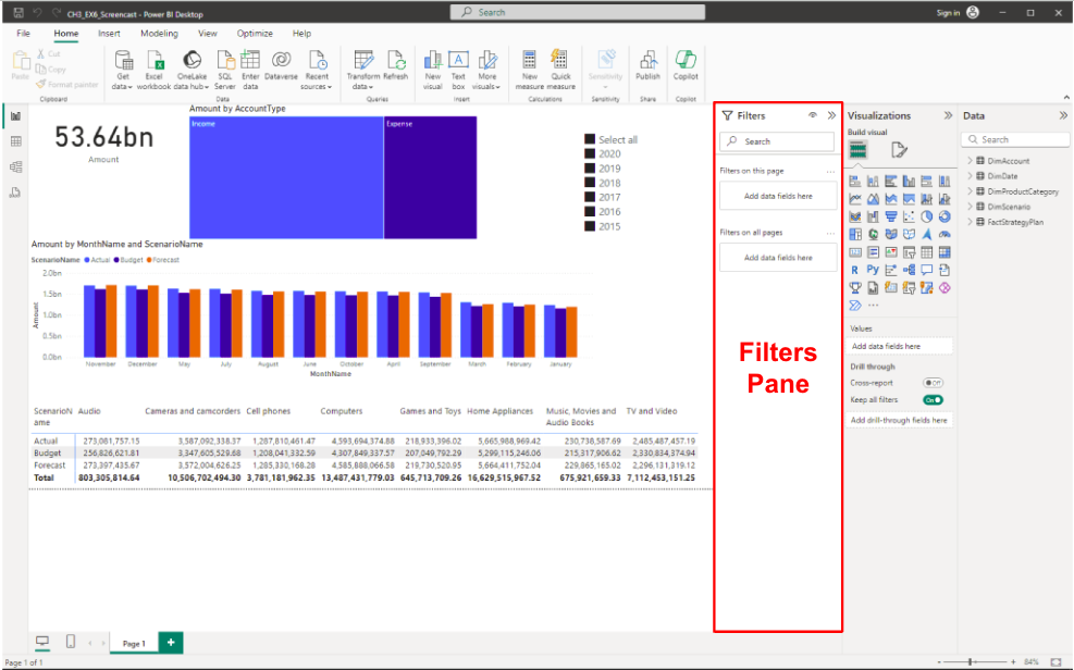 Filters pane