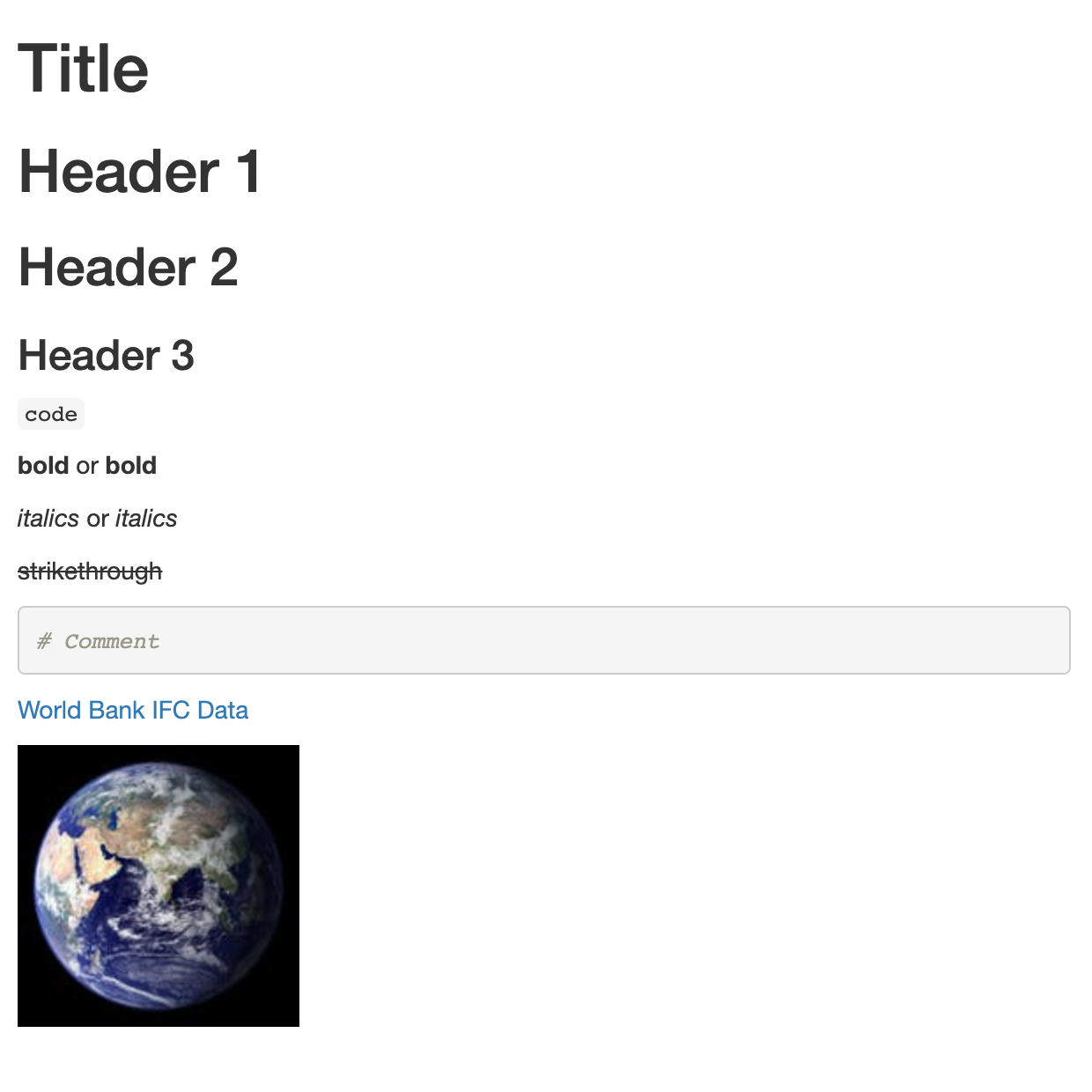 Knit file with summary of headers, text formatting options, code chunks, code comments, links, and images