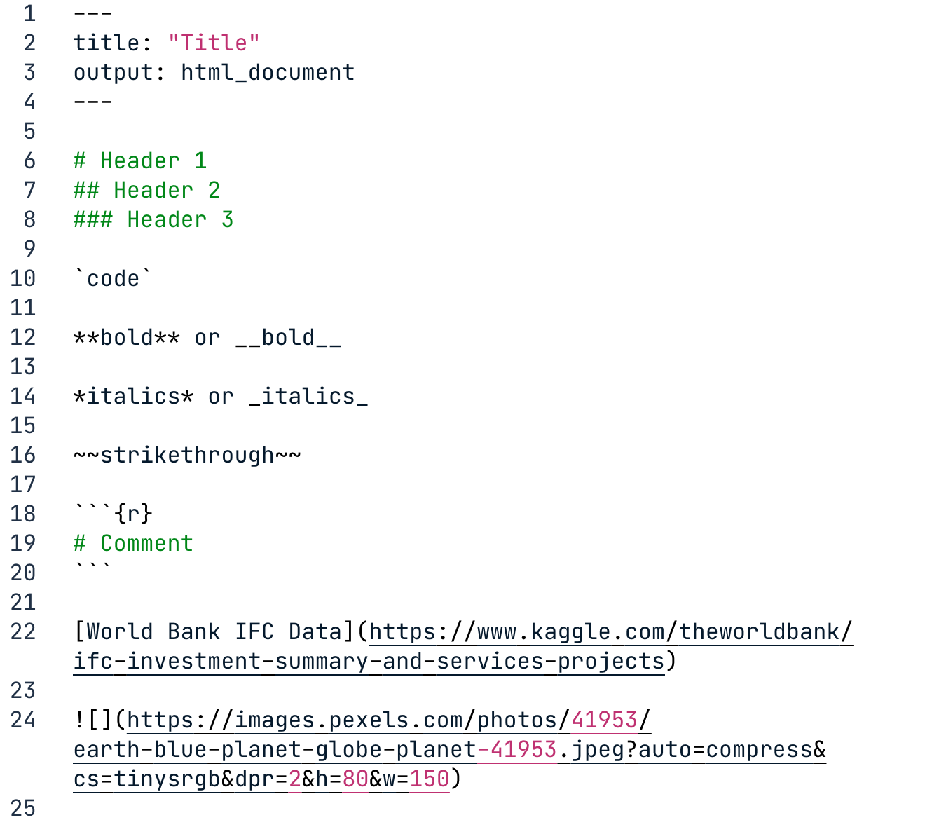 Markdown file with summary of headers, text formatting options, code chunks, code comments, links, and images
