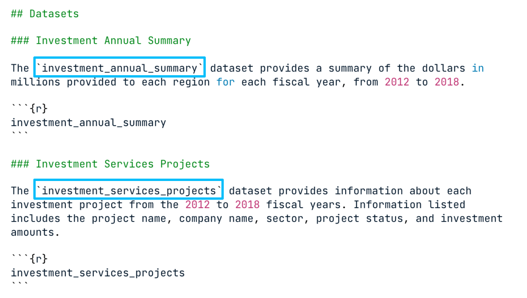Markdown file with inline text, headers, text, code