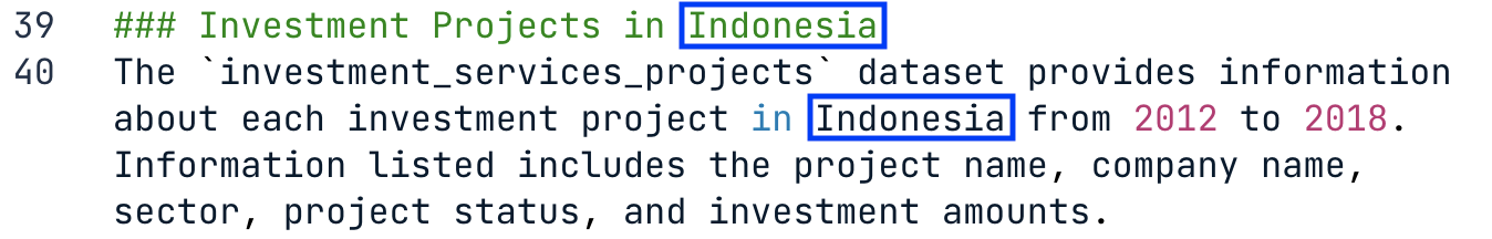 Reviewing text for specific country references