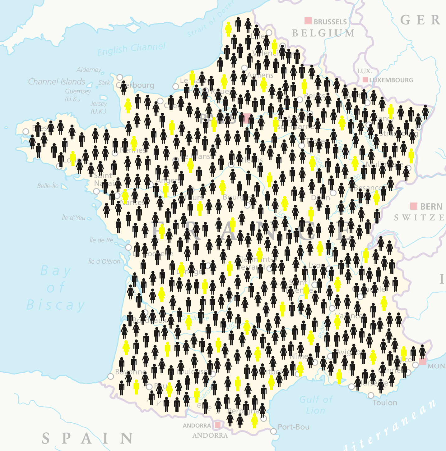 A map of France with icons of people, some of which are highlighted.