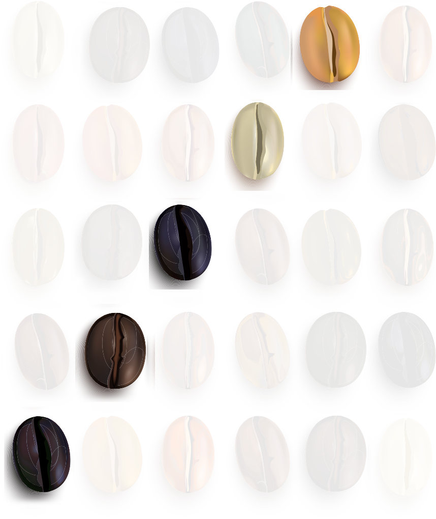 Coffee beans arranged in rows and columns, most of which are grayed out save for those on a diagonal line.