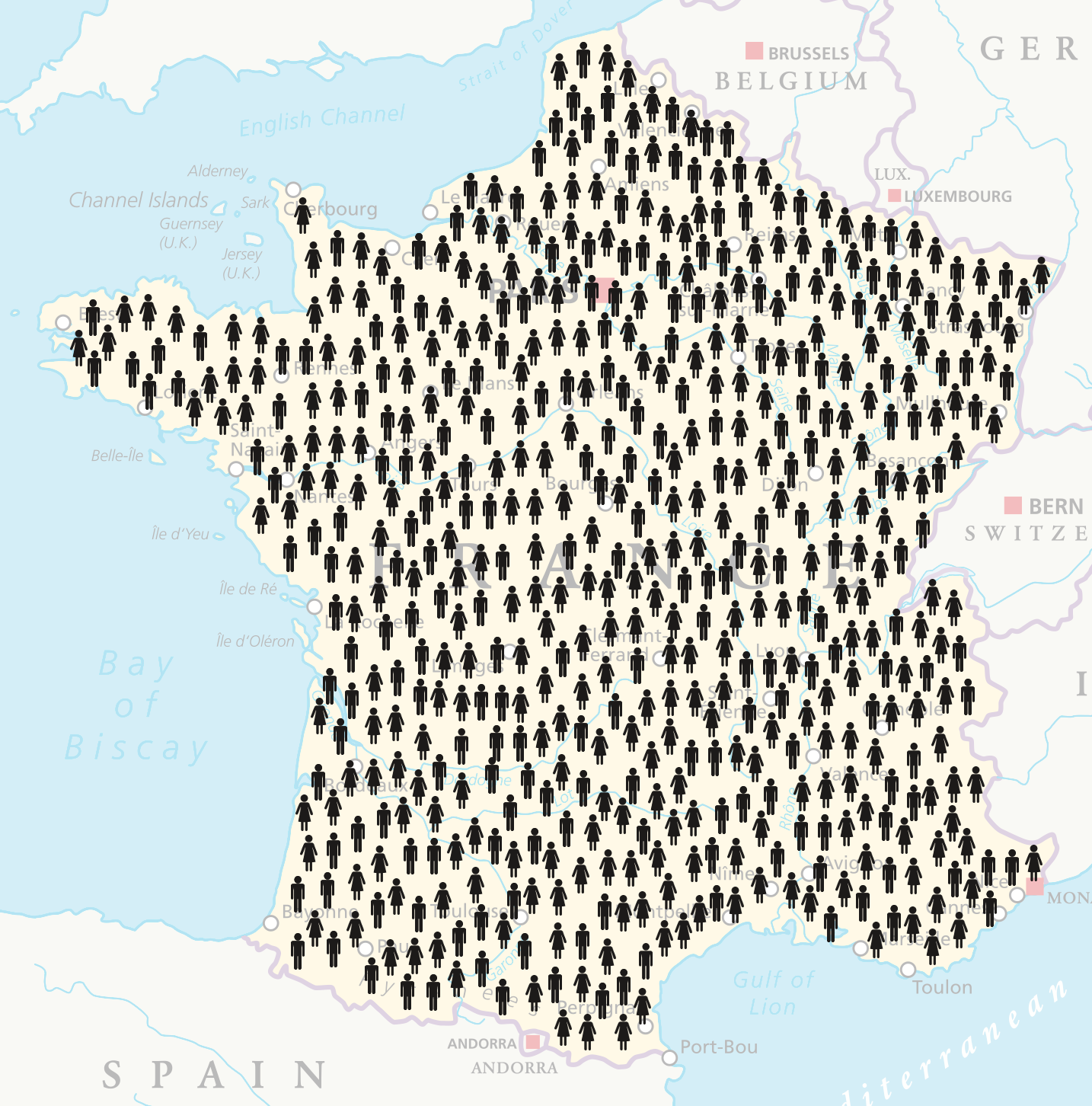 A map of France with icons of people.