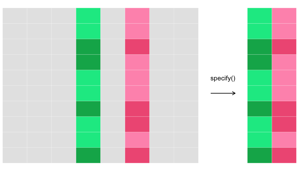 On the left is a rectangular grid of cells representing a data frame. Two columns are highlighted. To the right of this grid is the word 'specify' with an arrow pointing right. To the right of this arrow is another rectangular grid with only the two highlighted columns.