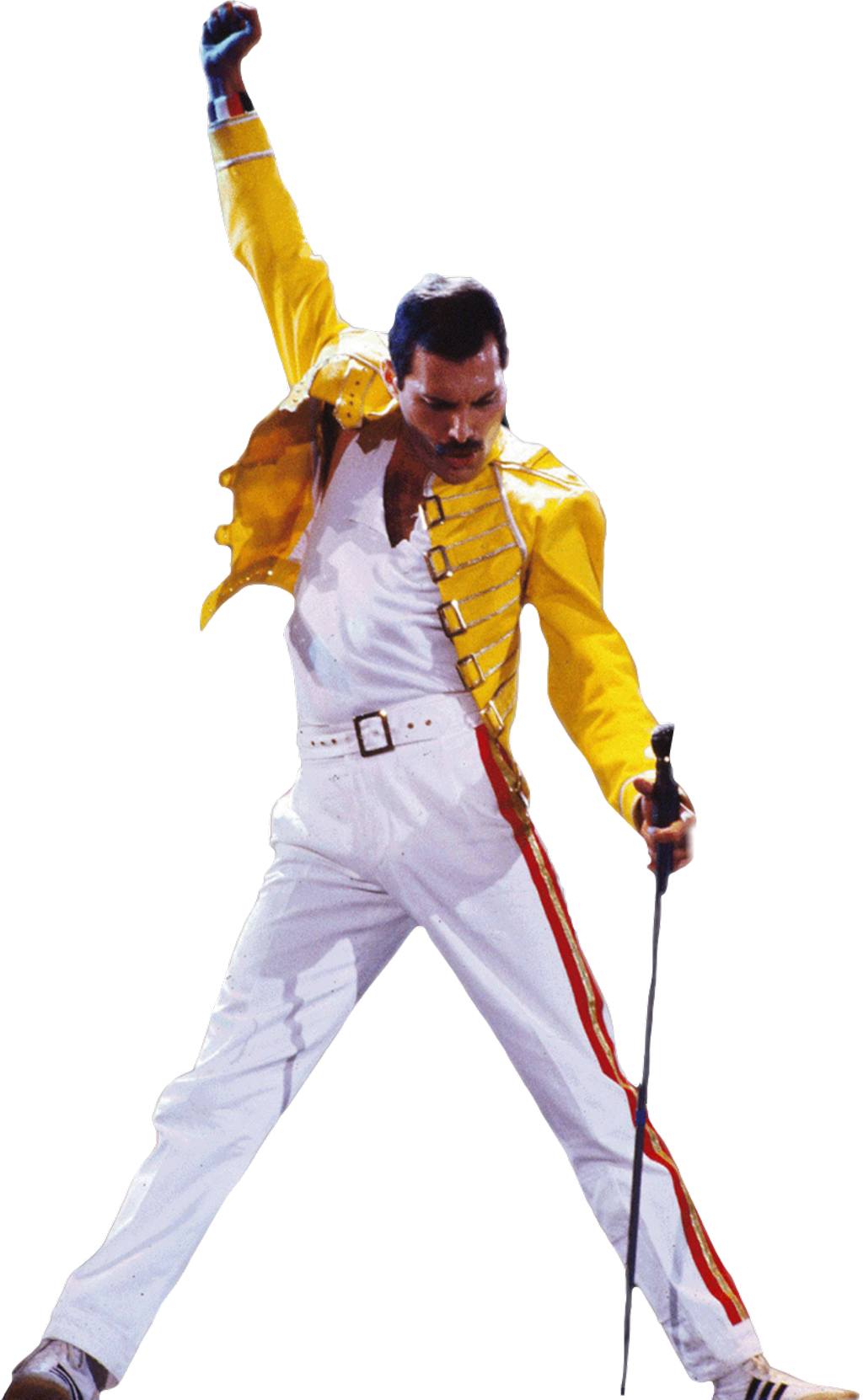 freddie mercury raising his fist in a yellow jacket looking more badass than ever